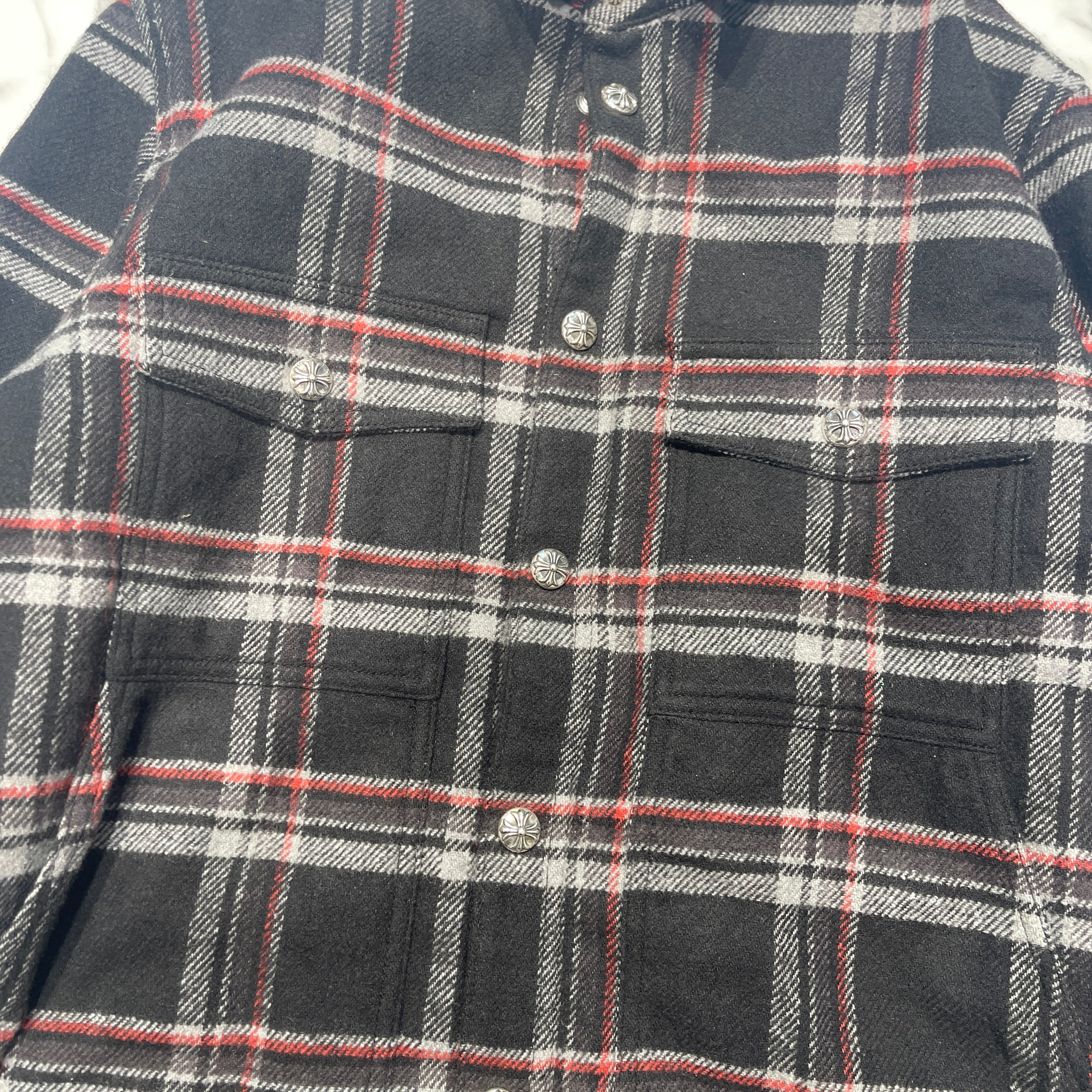 CHROME HEARTS Y NOT Lucky Leather Patch Fleece Boa Check Shirt Jacket Size M クロムハーツ ワイノット ラッキーレザーパッチ フリース 裏地ボア チェックシャツ ジャケット サイズM