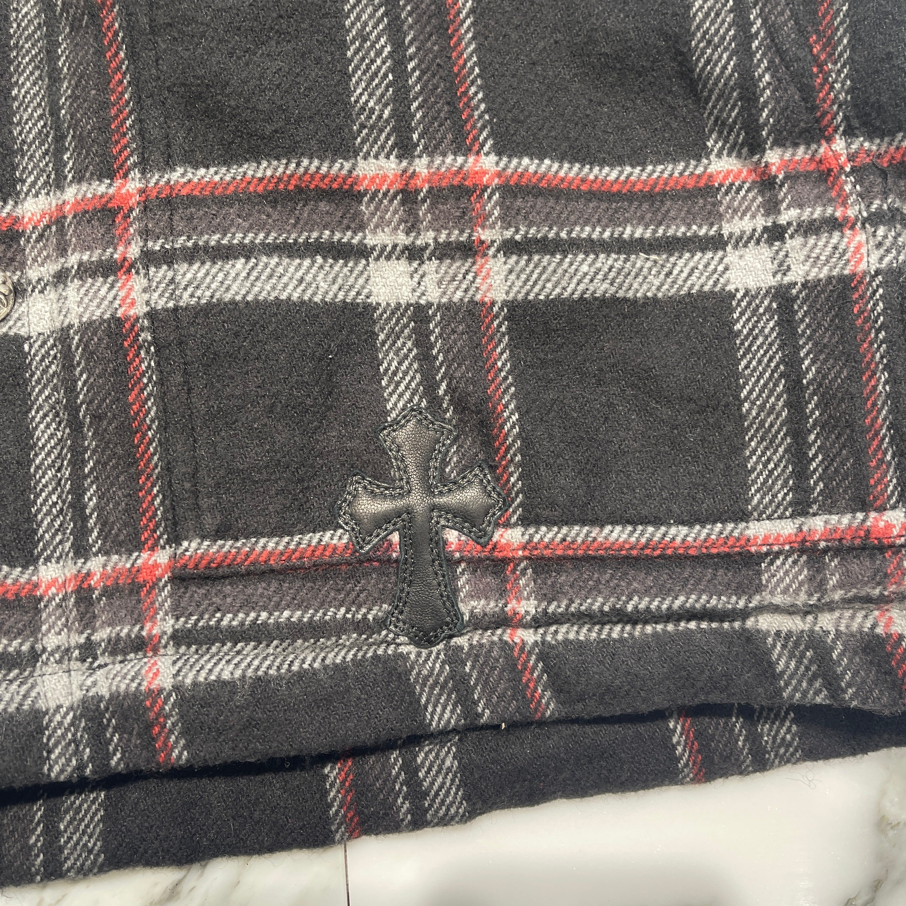 CHROME HEARTS Y NOT Lucky Leather Patch Fleece Boa Check Shirt Jacket Size M クロムハーツ ワイノット ラッキーレザーパッチ フリース 裏地ボア チェックシャツ ジャケット サイズM