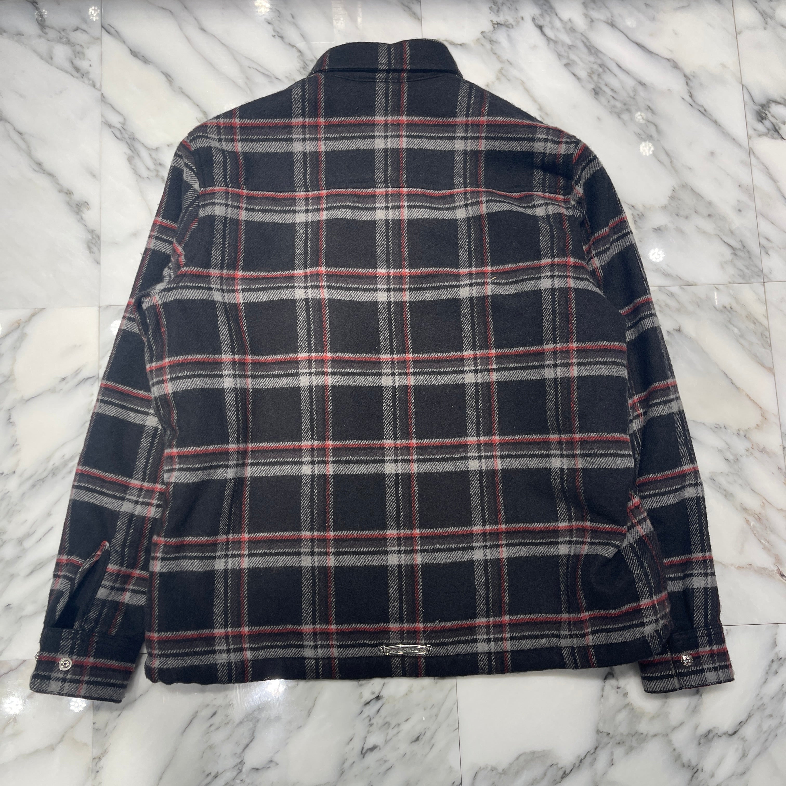 CHROME HEARTS Y NOT Lucky Leather Patch Fleece Boa Check Shirt Jacket Size M クロムハーツ ワイノット ラッキーレザーパッチ フリース 裏地ボア チェックシャツ ジャケット サイズM