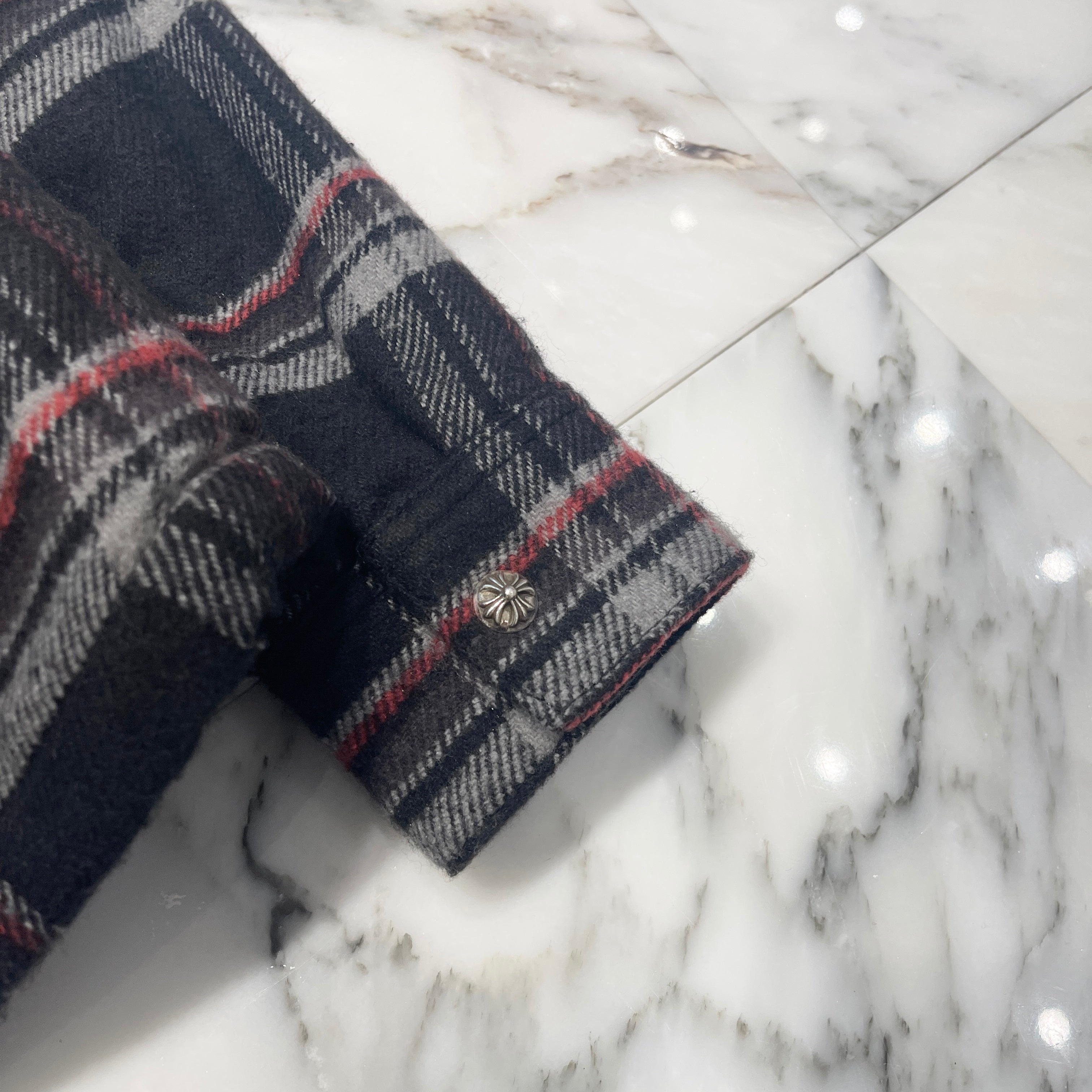 CHROME HEARTS Y NOT Lucky Leather Patch Fleece Boa Check Shirt Jacket Size M クロムハーツ ワイノット ラッキーレザーパッチ フリース 裏地ボア チェックシャツ ジャケット サイズM