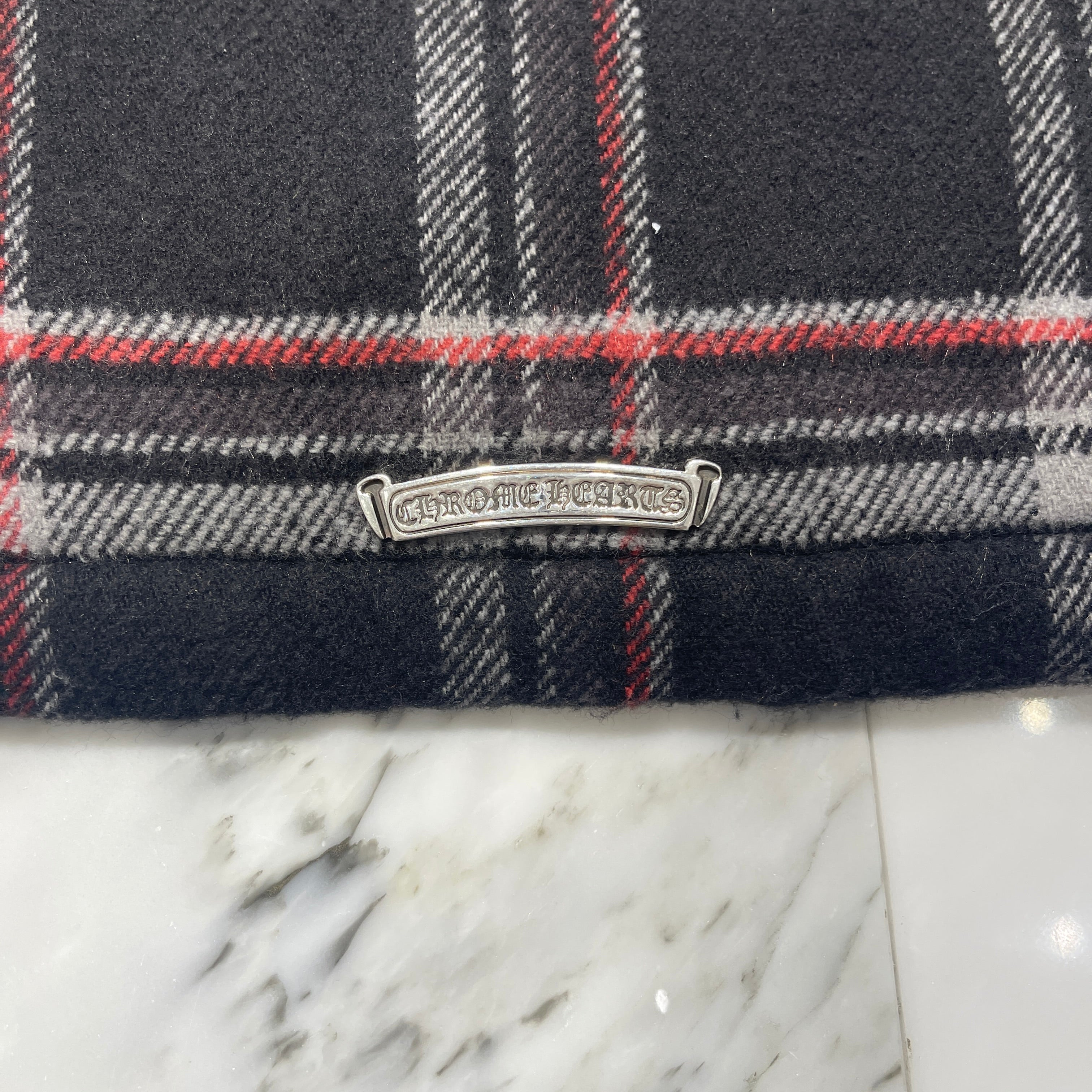 CHROME HEARTS Y NOT Lucky Leather Patch Fleece Boa Check Shirt Jacket Size M クロムハーツ ワイノット ラッキーレザーパッチ フリース 裏地ボア チェックシャツ ジャケット サイズM