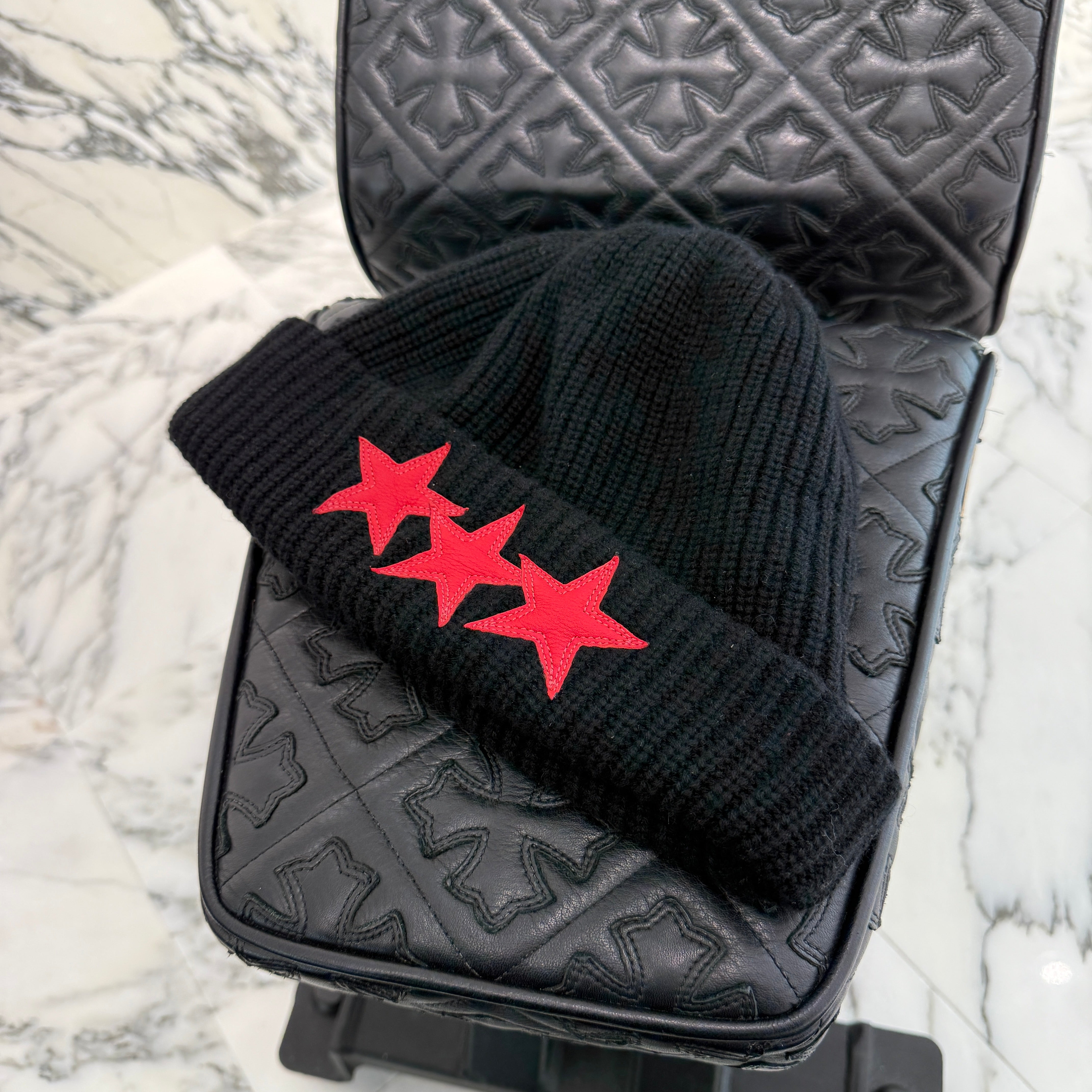 CHROME HEARTS 3 Star Leather Patch Cashmere Knit Beanie Size ONE SIZE（53-60）クロムハーツ 3スター レザーパッチ カシミア ニットビーニー サイズONE SIZE（53-60）