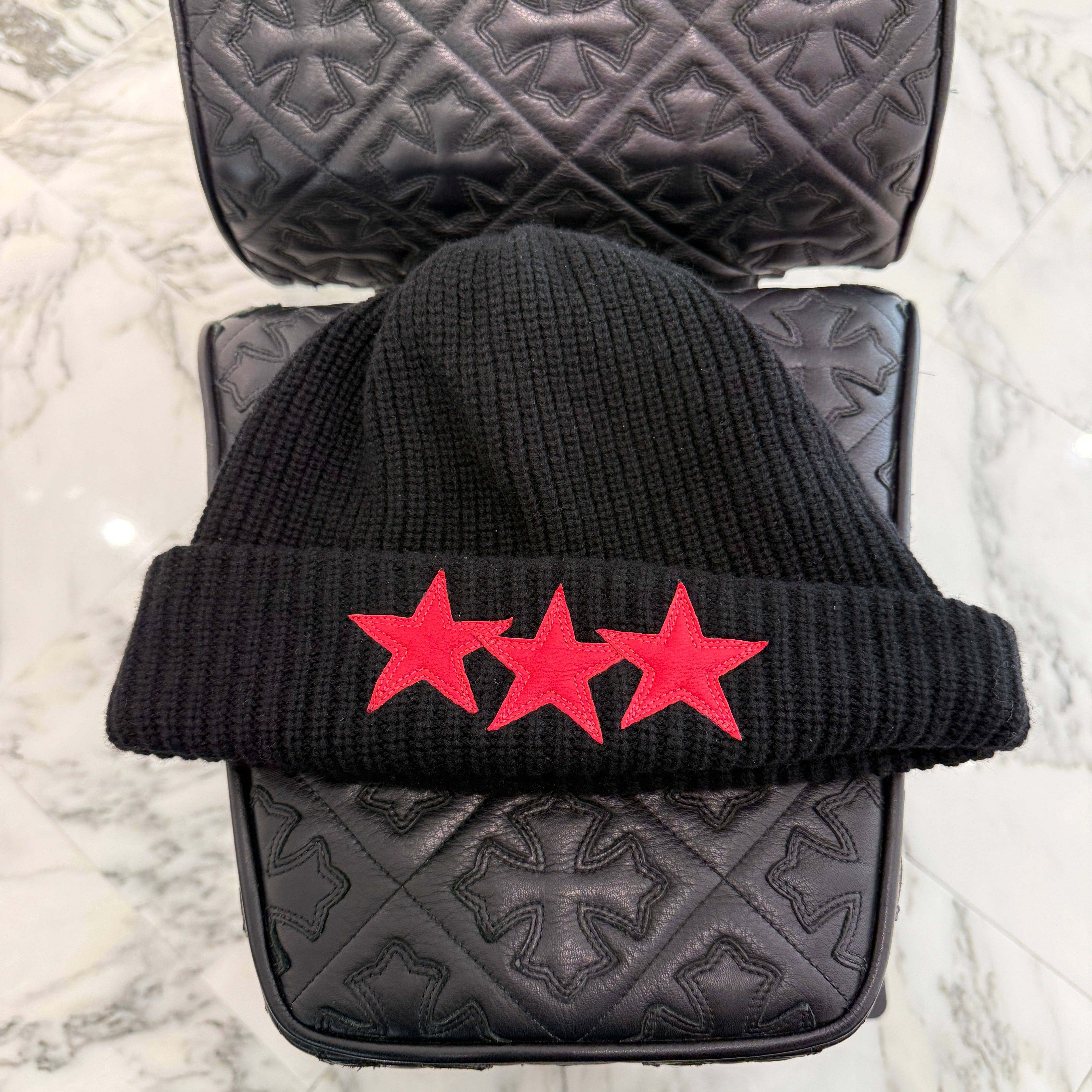 CHROME HEARTS 3 Star Leather Patch Cashmere Knit Beanie Size ONE SIZE（53-60）クロムハーツ 3スター レザーパッチ カシミア ニットビーニー サイズONE SIZE（53-60）