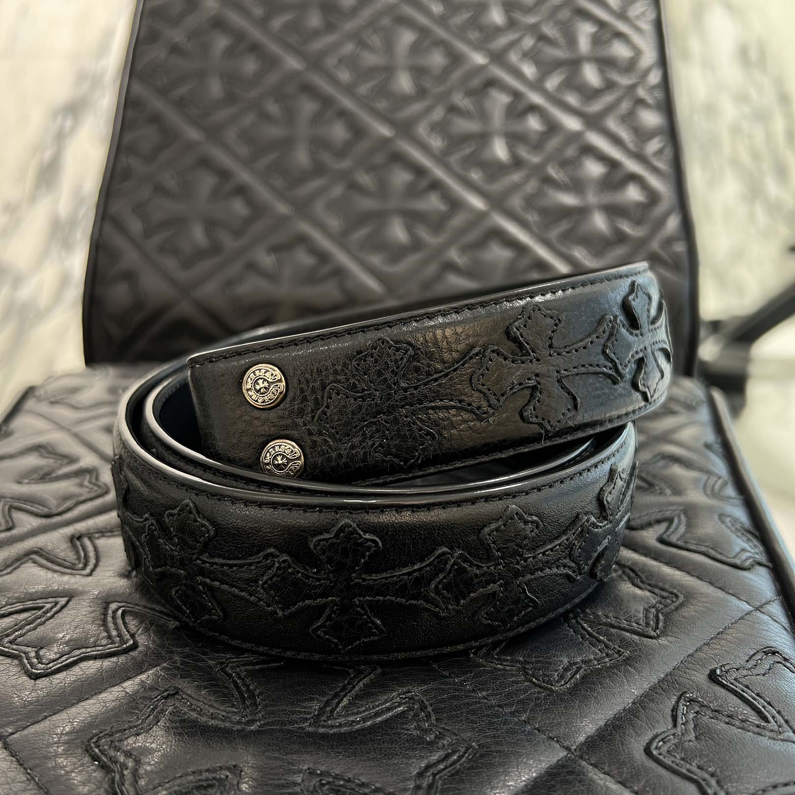 CHROME HEARTS Cemetery Cross Leather Patch Leather Belt Size 36（1.5 Inch) クロムハーツ セメタリークロスレザーパッチ レザーベルト サイズ36（1.5インチ)