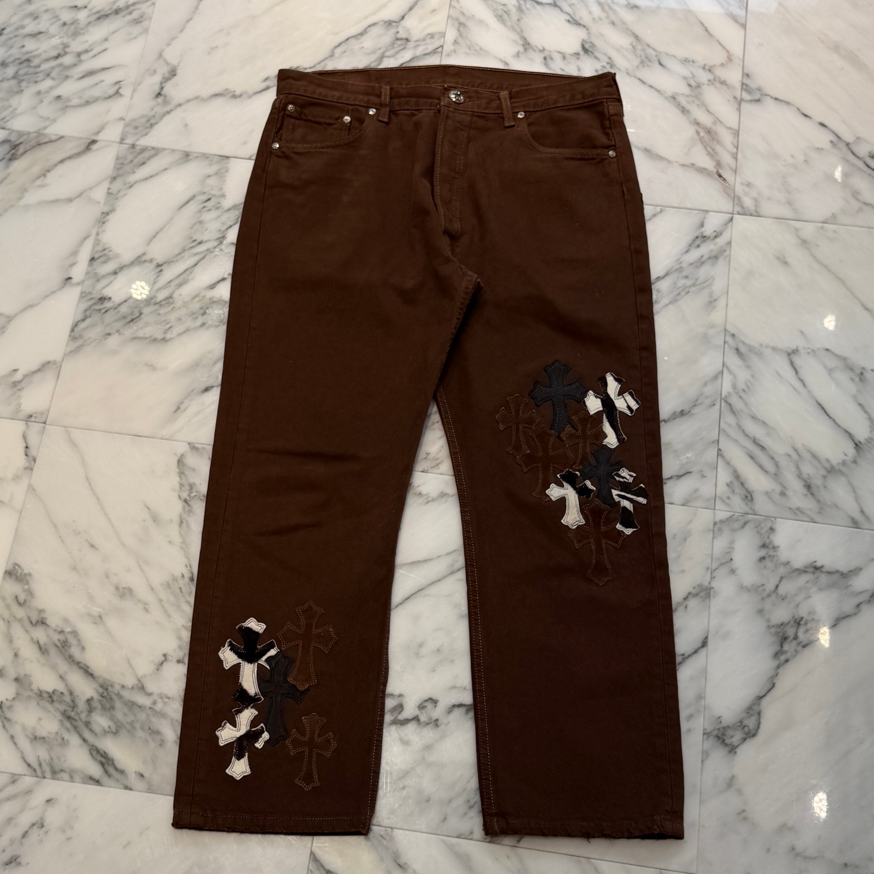 CHROME HEARTS × Levi's 501 VNTG Harako Blend Leather Cross Patch Cotton Denim Pants Size 34 クロムハーツ × リーバイス 501 ハラコブレンド レザークロスパッチ コットン デニムパンツ サイズ34