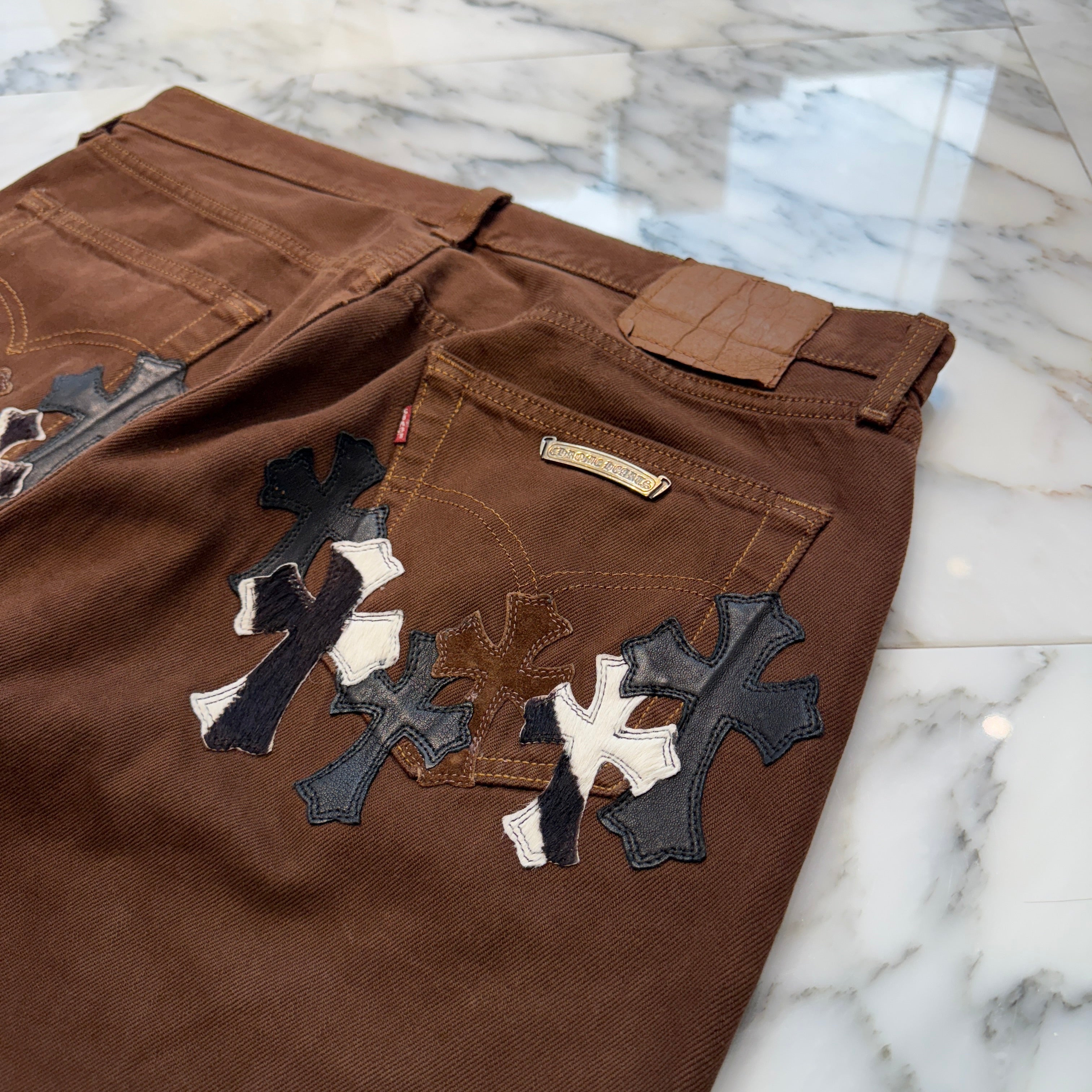 CHROME HEARTS × Levi's 501 VNTG Harako Blend Leather Cross Patch Cotton Denim Pants Size 34 クロムハーツ × リーバイス 501 ハラコブレンド レザークロスパッチ コットン デニムパンツ サイズ34