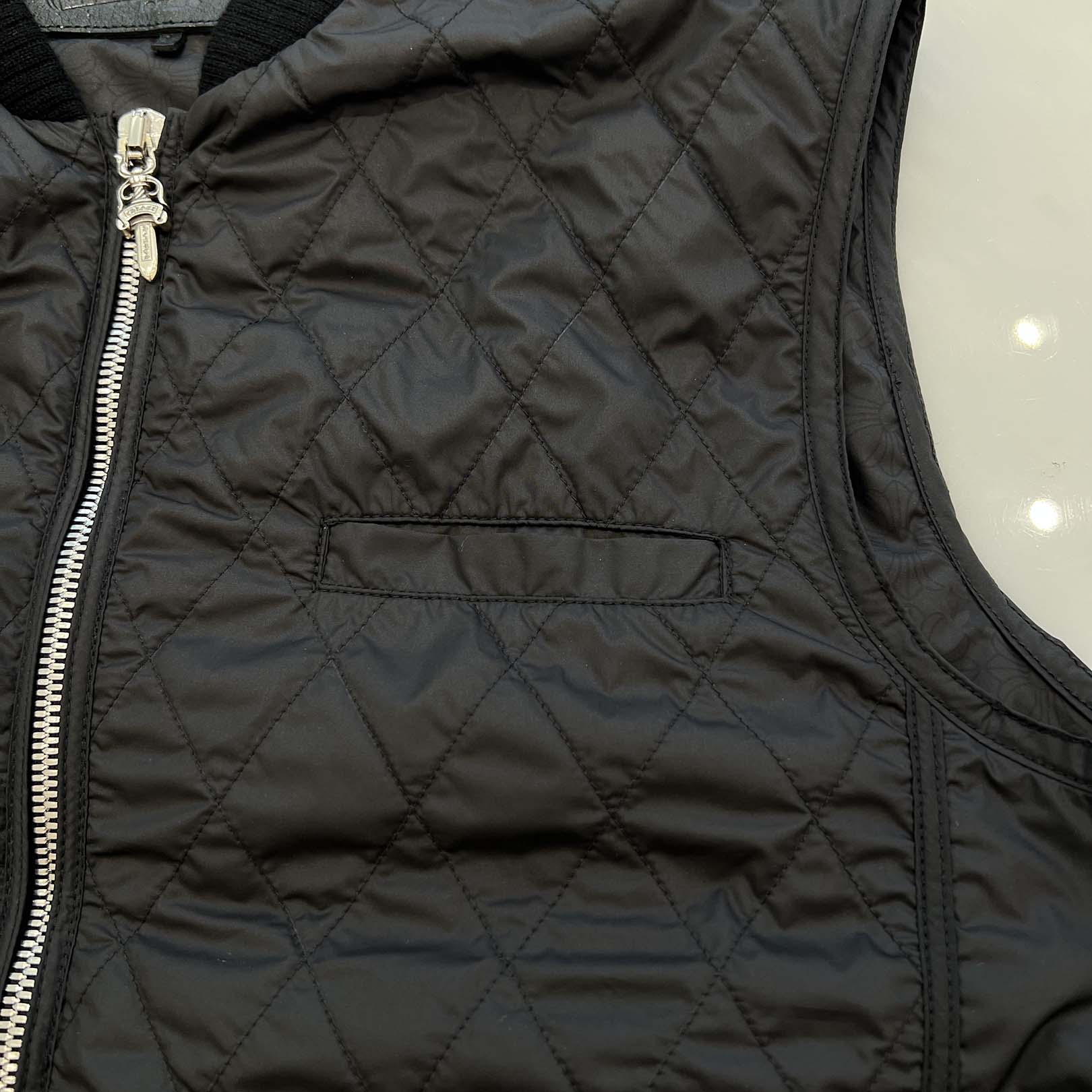 CHROME HEARTS Papa Leather Cross Patch Quilting Vest Size L クロム