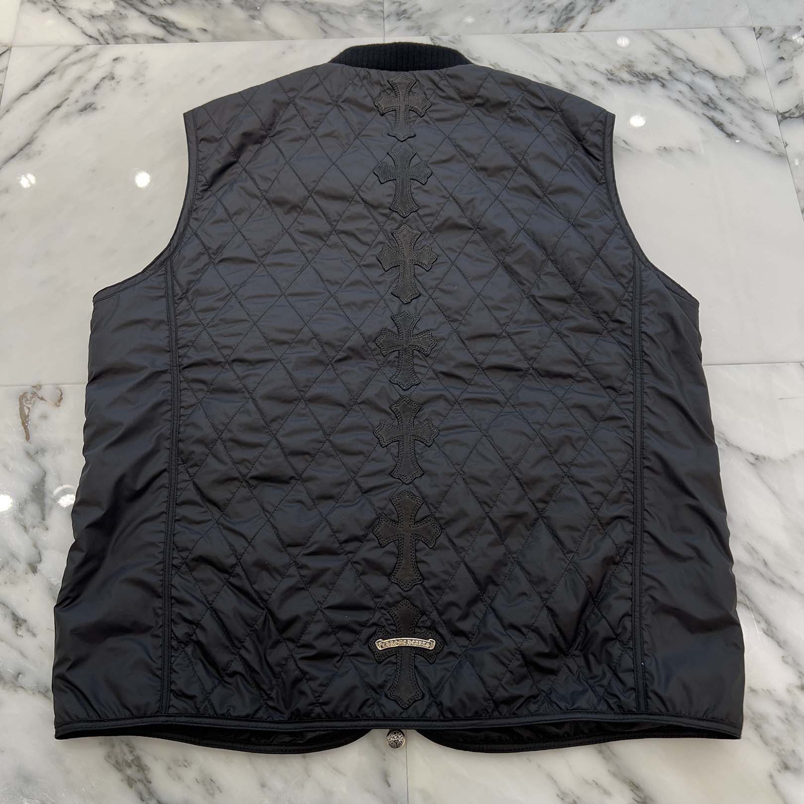 カボチャ　クロムハーツ パパ ベスト レザークロスパッチ セメタリー CHROME HEARTS Papa Leather Cross Patch Quilting Vest Size L クロム