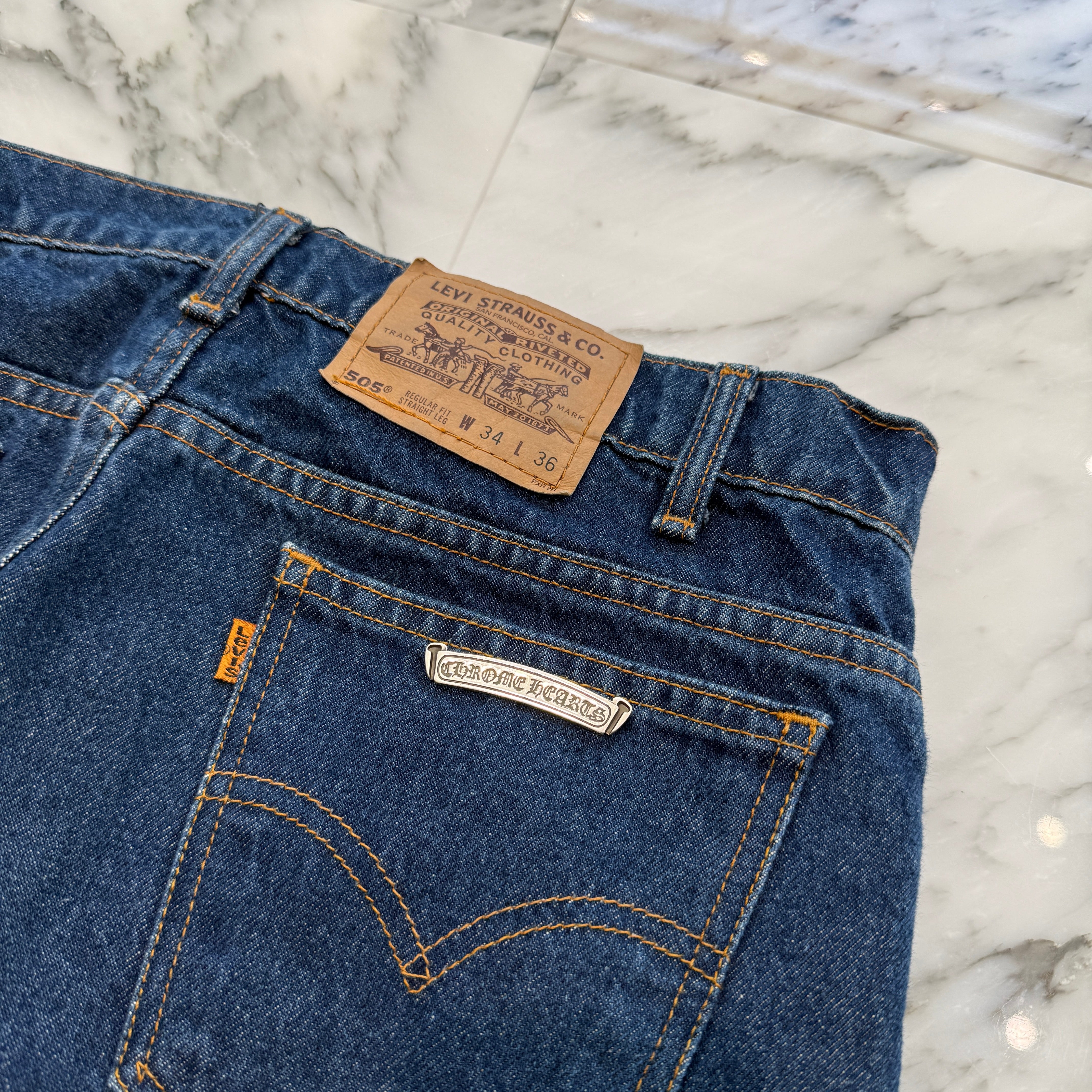 CHROME HEARTS × Levi's 505 VNTG Cross Leather Patch Denim Pants Size 33 クロムハーツ × リーバイス 505 ヴィンテージ クロスレザーパッチ デニムパンツ サイズ33