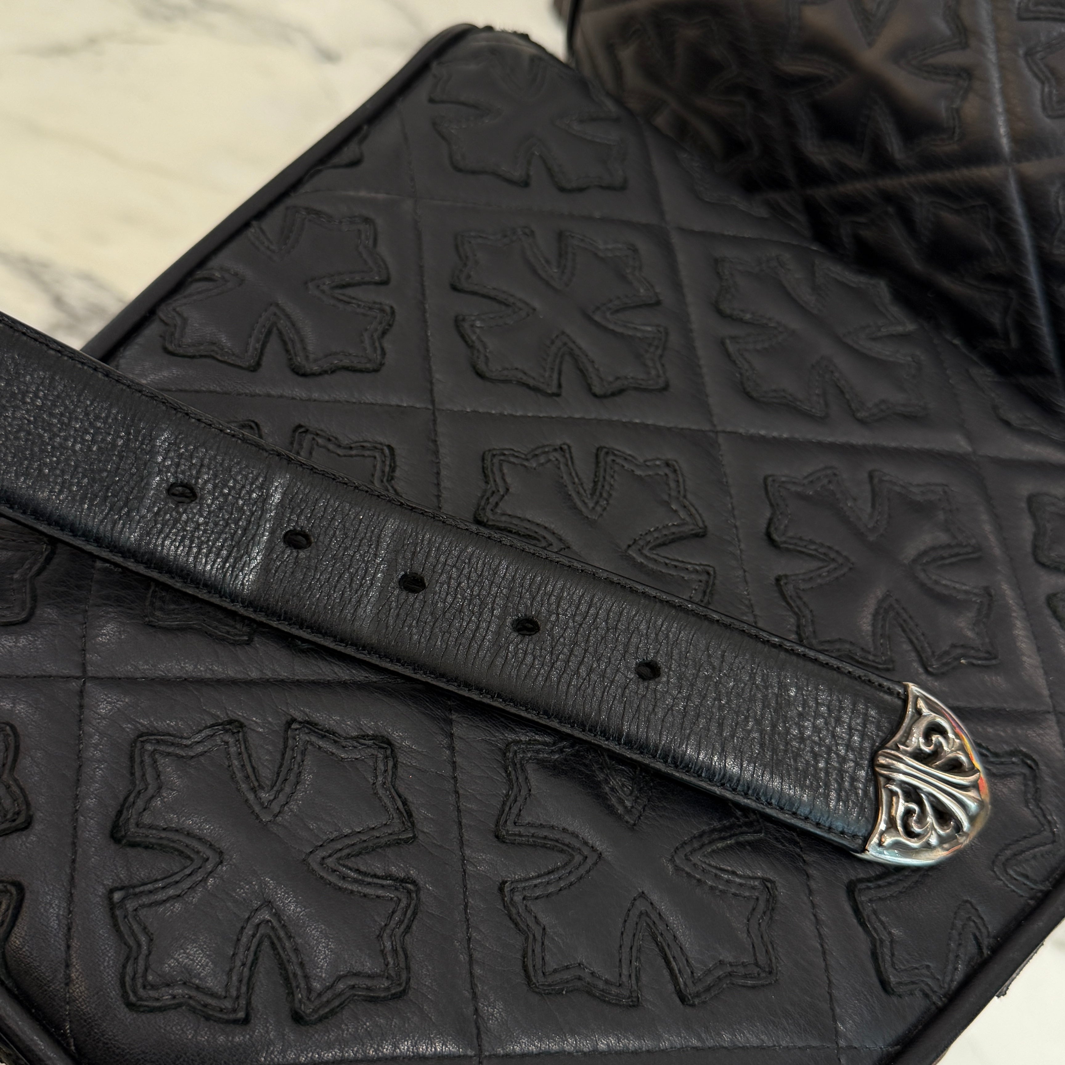 Chrome Hearts ブラックレザー ベルト サイズ32 CHROME HEARTS クロムハーツ BLT ベルト ストラップ ピラミッド