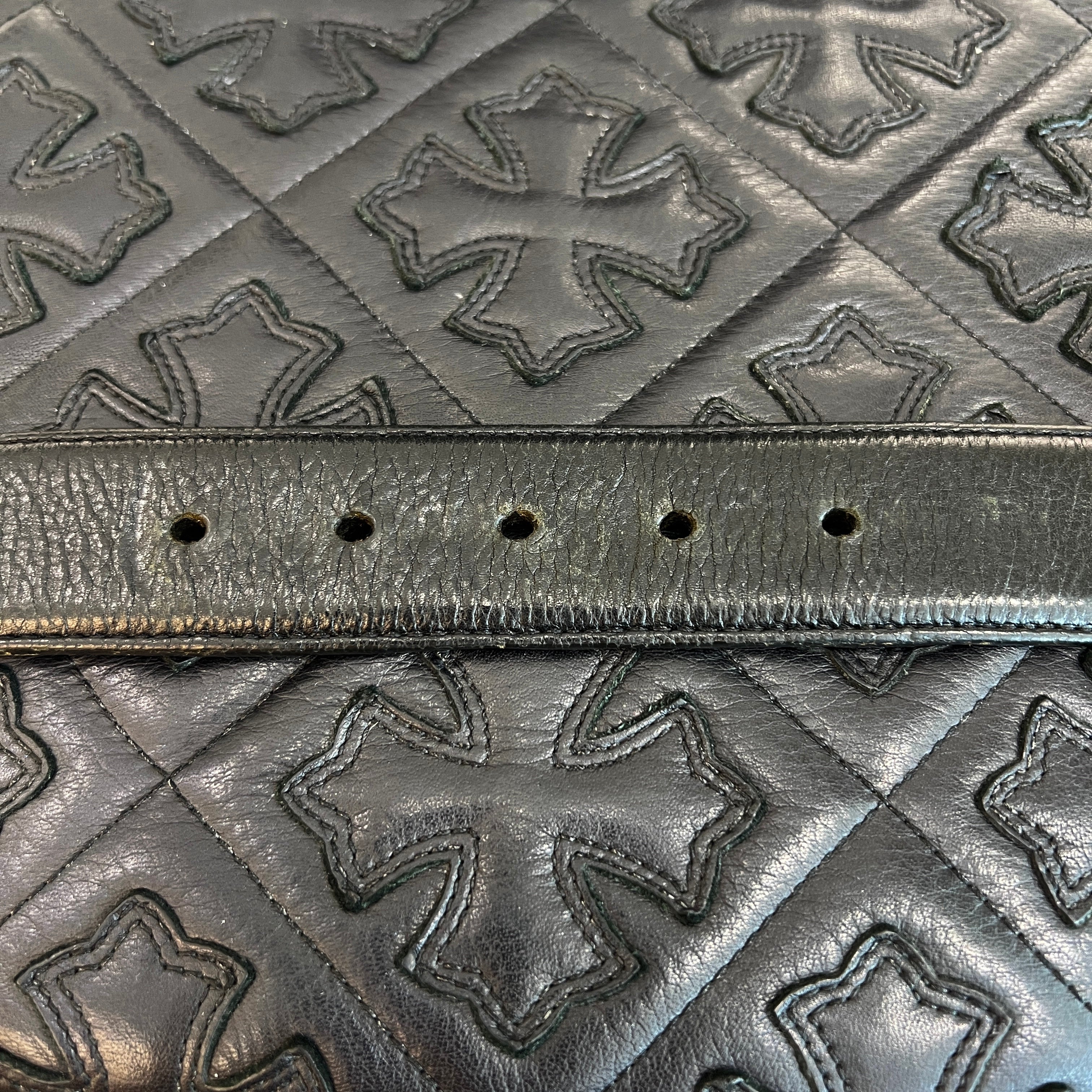 CHROME HEARTS Classic Oval Cross Belt Buckle Scroll Label Rivets Leather Belt Size 32 クロムハーツ クラシックオーバルクロス ベルトバックル スクロールラベル リベッツ レザー ベルト 5穴 サイズ32