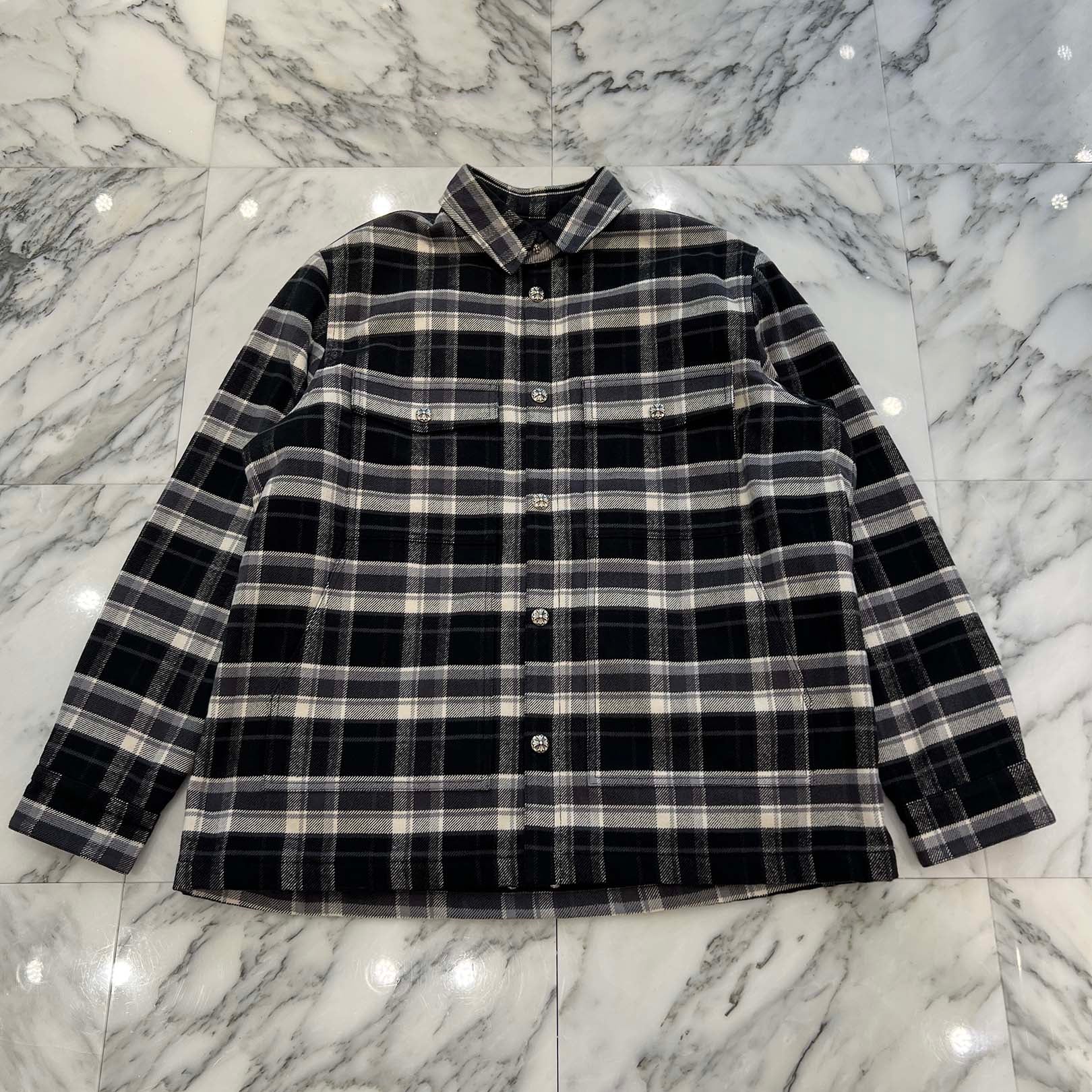 CHROME HEARTS Y NOT Cross Ball Button Check Shirt Jacket Size XL クロムハーツ ワイノット クロスボールボタン チェック シャツ ジャケット サイズXL