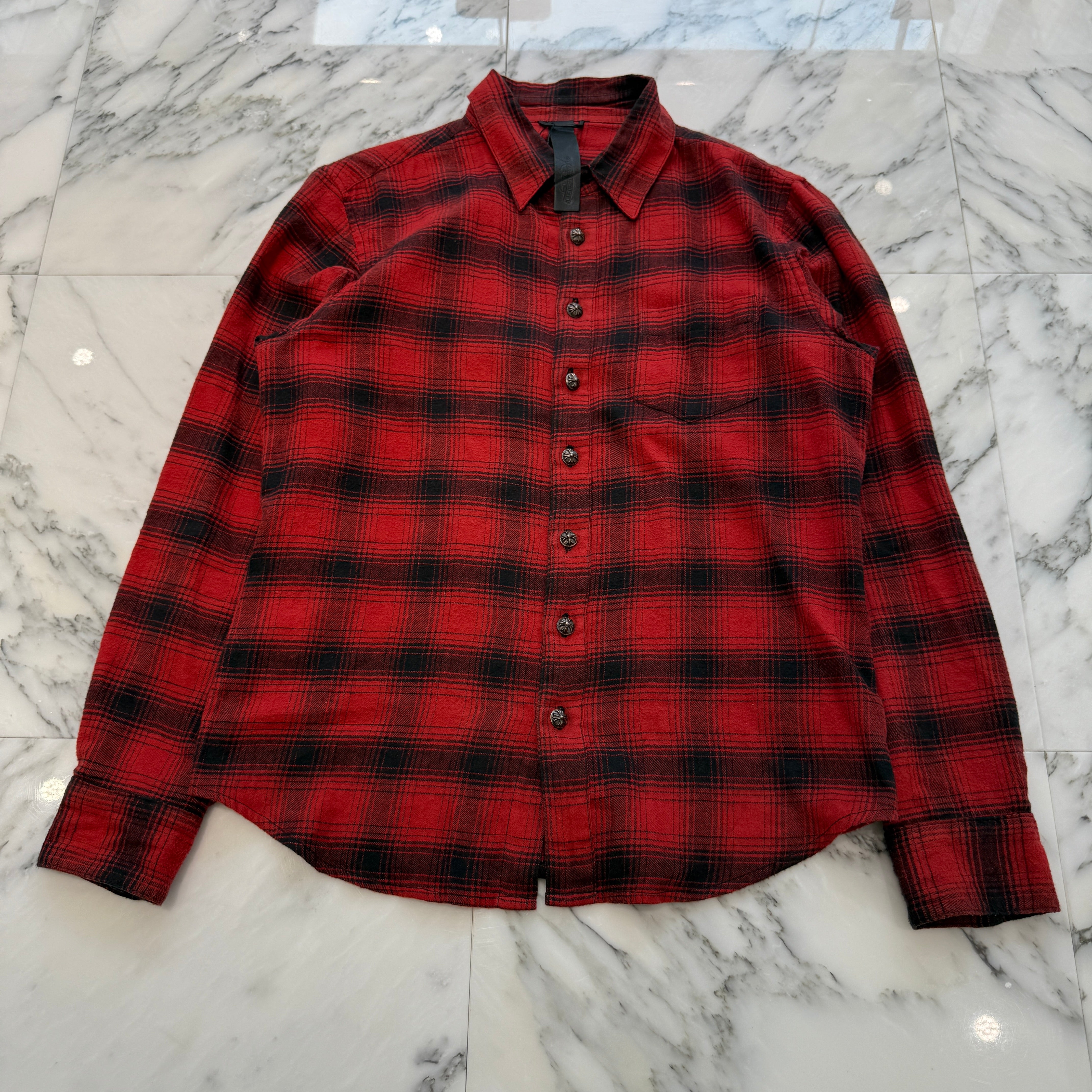 CHROME HEARTS Y NOT CH Plus Leather Patch Flannel Check Shirt Size S クロムハーツ ワイノット CHプラス レザーパッチ フランネル チェックシャツ サイズS