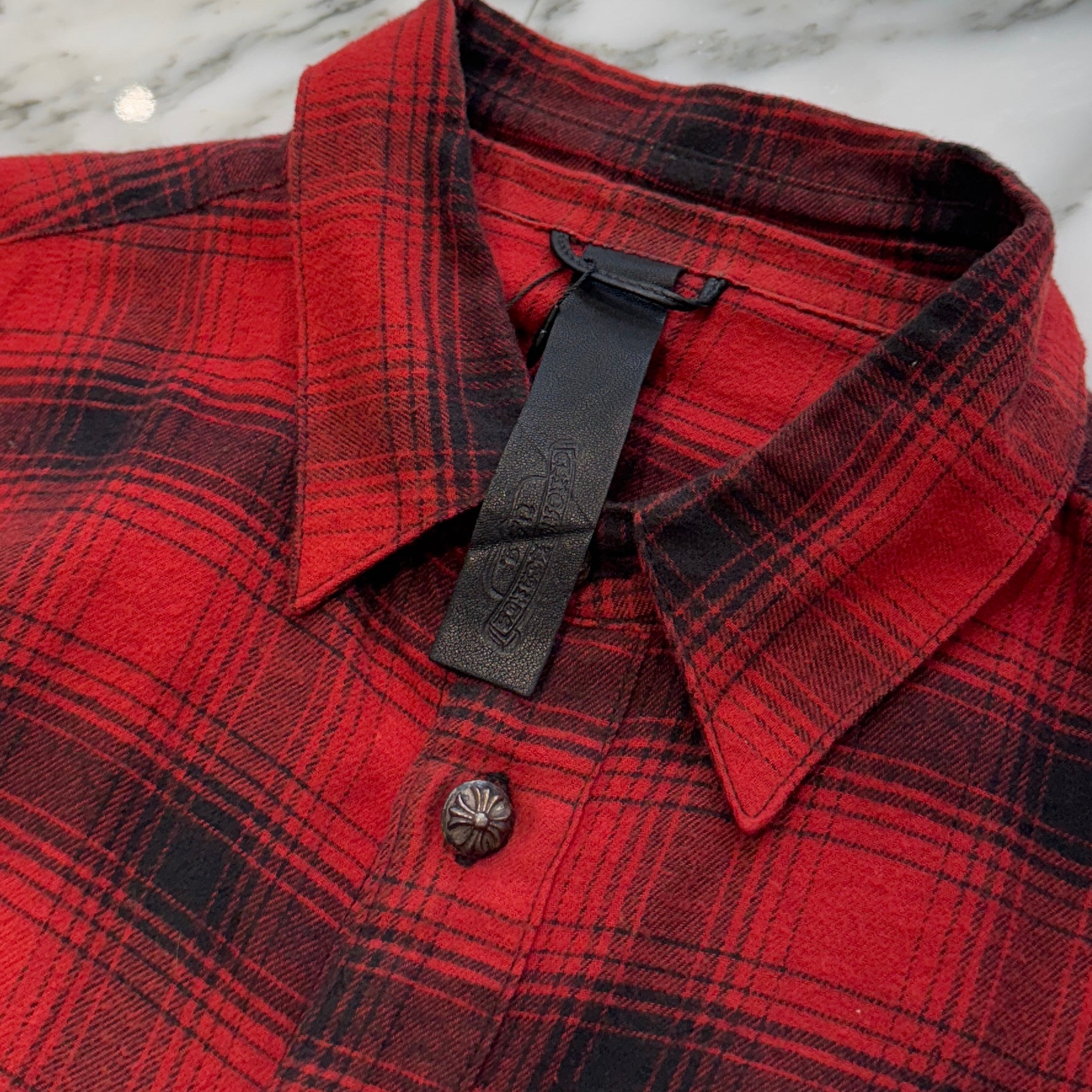 CHROME HEARTS Y NOT CH Plus Leather Patch Flannel Check Shirt Size S クロムハーツ ワイノット CHプラス レザーパッチ フランネル チェックシャツ サイズS