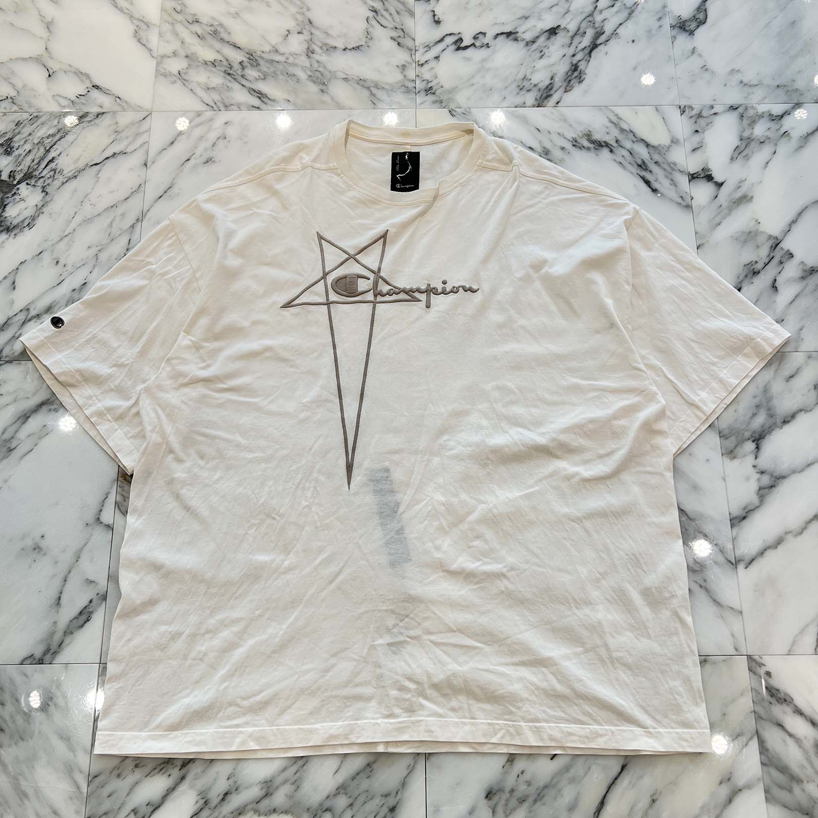 Rick Owens × Champion 2023SS Logo embroidered Tommy Tee CM02C9229-CHJEG Size L リックオウエンス × チャンピオン ロゴ刺繡トミーTシャツ サイズL