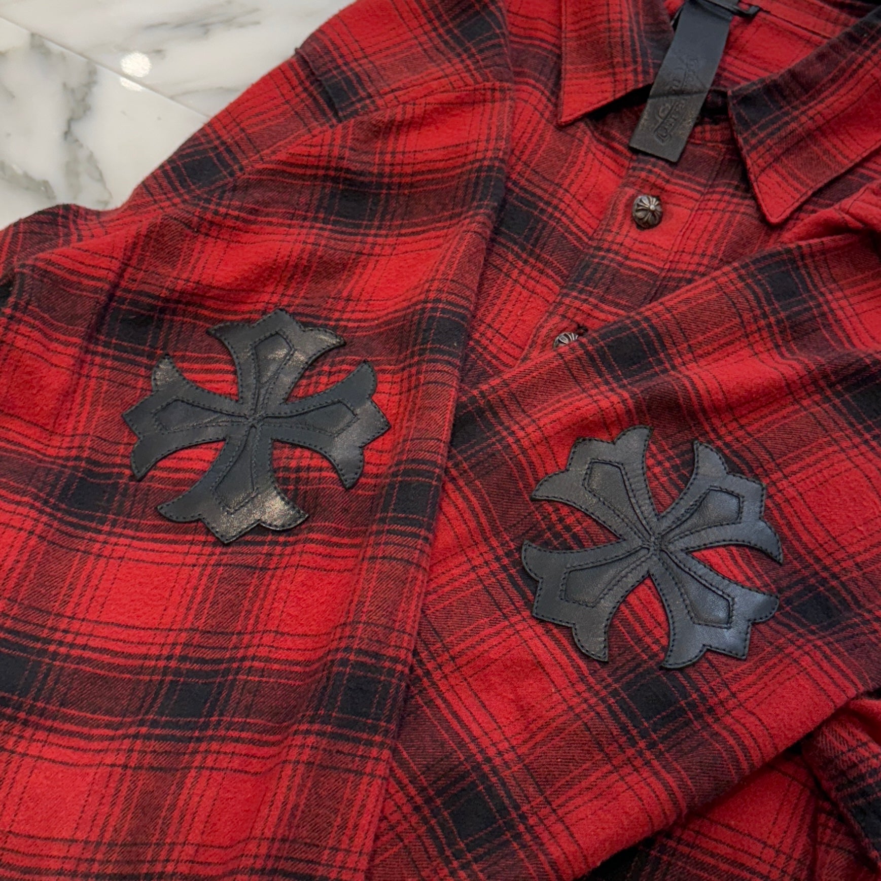 CHROME HEARTS Y NOT CH Plus Leather Patch Flannel Check Shirt Size S クロムハーツ ワイノット CHプラス レザーパッチ フランネル チェックシャツ サイズS