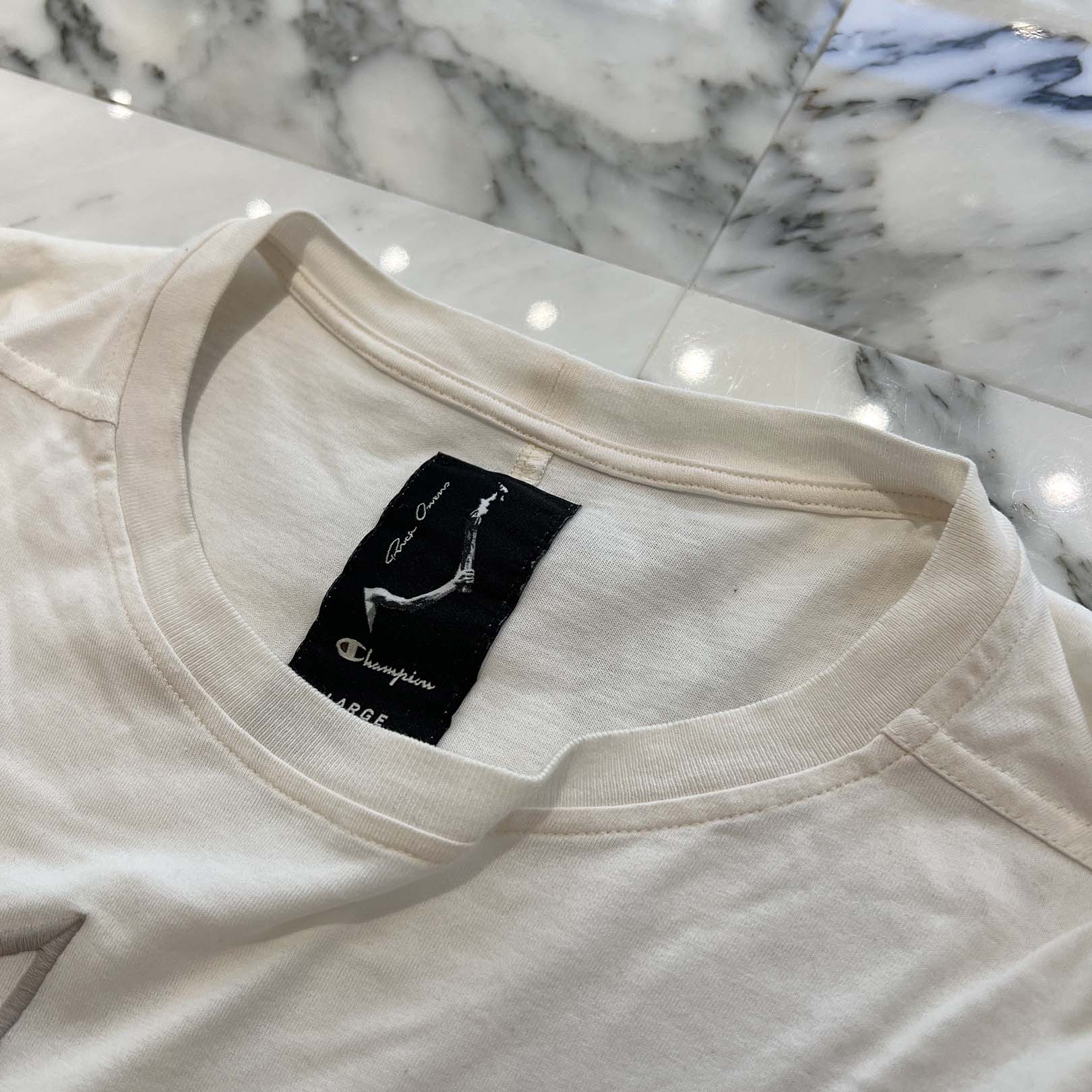 Rick Owens × Champion 2023SS Logo embroidered Tommy Tee CM02C9229-CHJEG Size L リックオウエンス × チャンピオン ロゴ刺繡トミーTシャツ サイズL