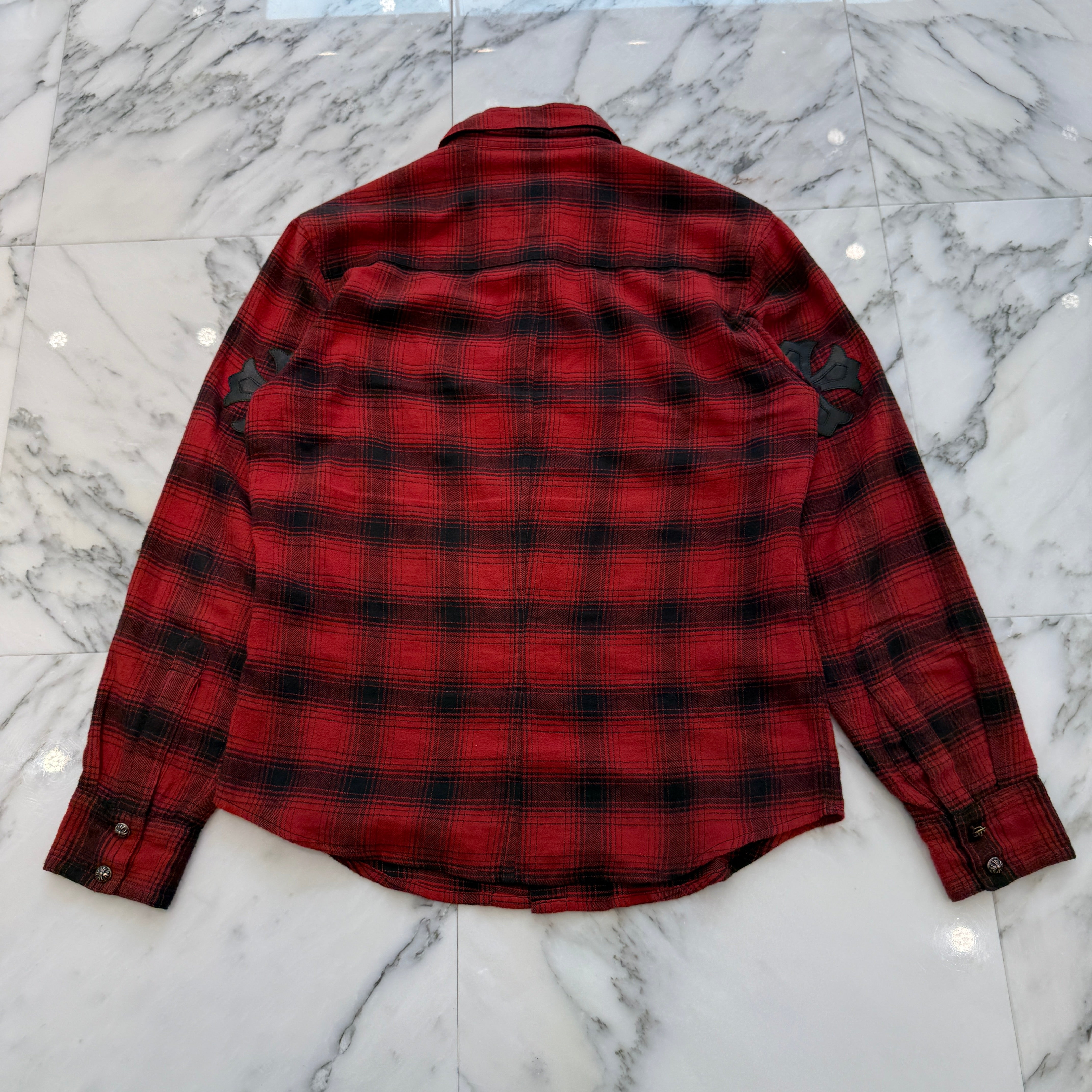 CHROME HEARTS Y NOT CH Plus Leather Patch Flannel Check Shirt Size S クロムハーツ ワイノット CHプラス レザーパッチ フランネル チェックシャツ サイズS