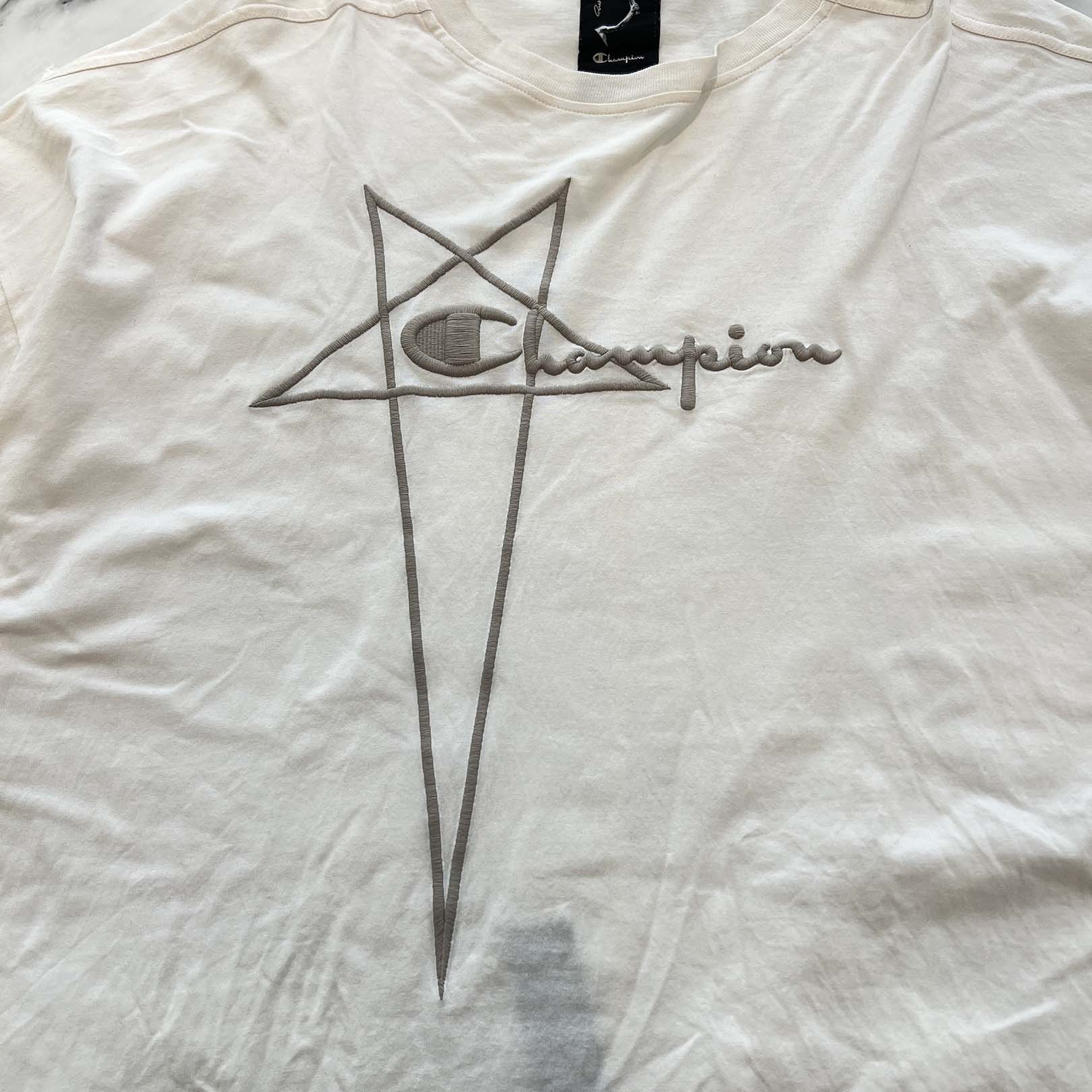 Rick Owens × Champion 2023SS Logo embroidered Tommy Tee CM02C9229-CHJEG Size L リックオウエンス × チャンピオン ロゴ刺繡トミーTシャツ サイズL