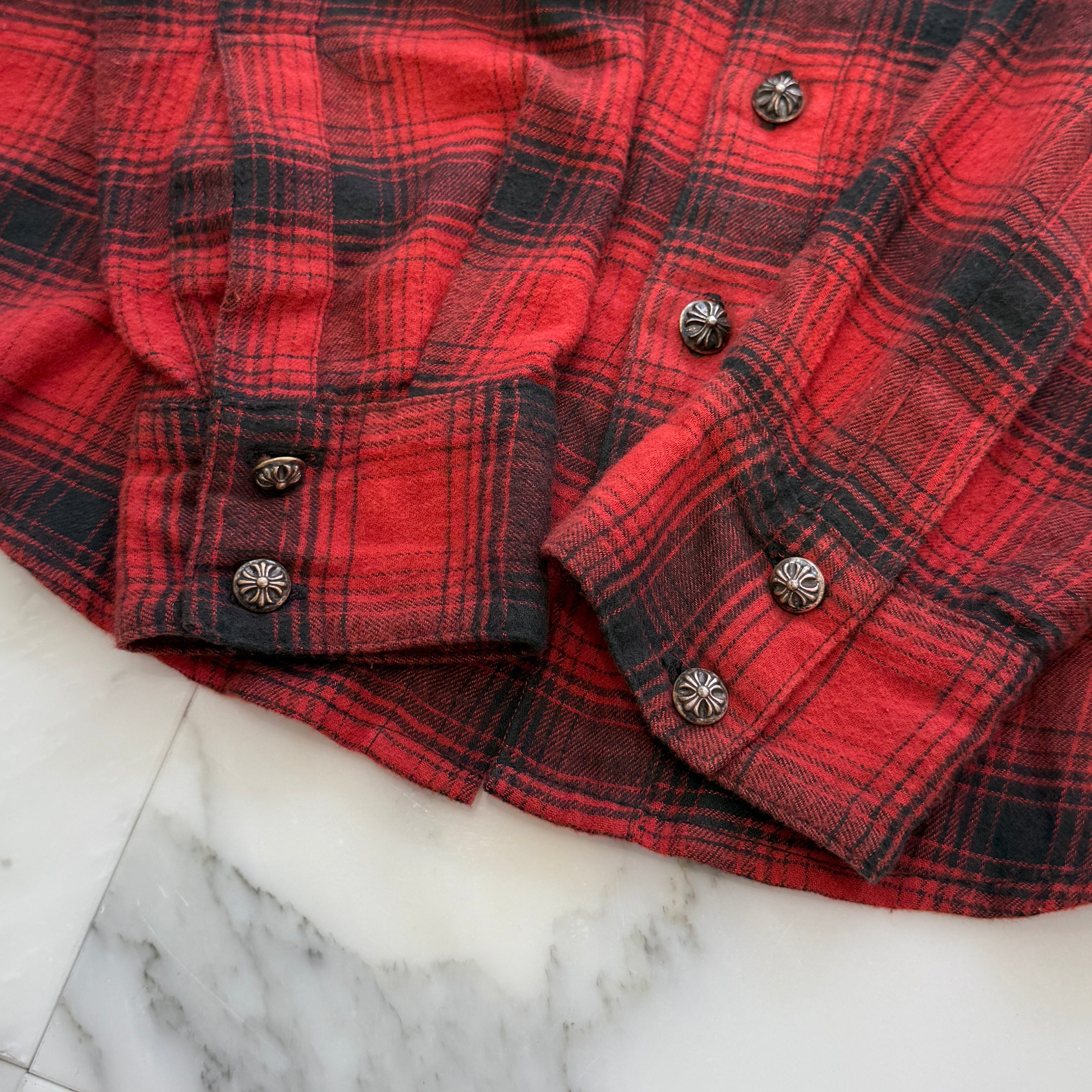 CHROME HEARTS Y NOT CH Plus Leather Patch Flannel Check Shirt Size S クロムハーツ ワイノット CHプラス レザーパッチ フランネル チェックシャツ サイズS