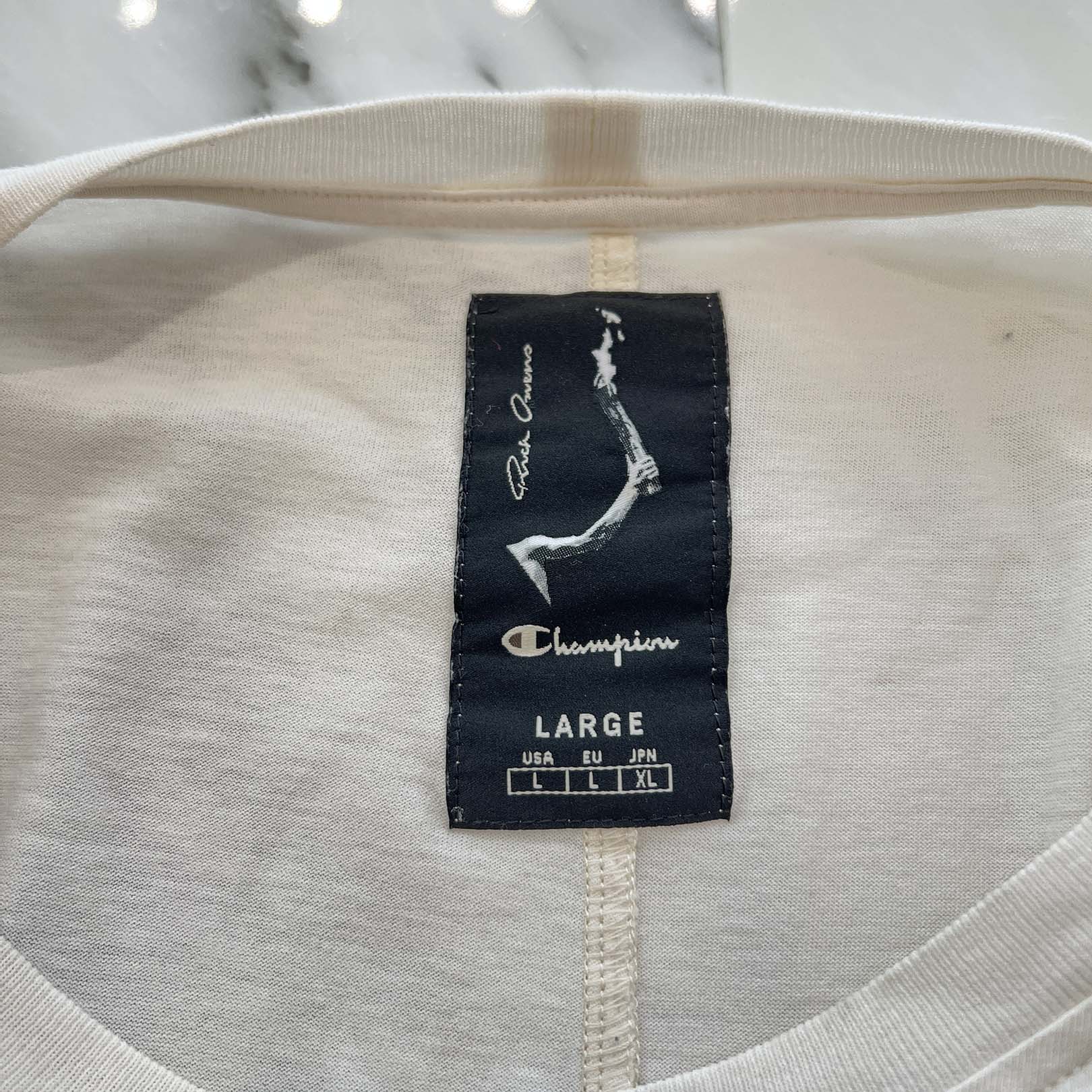 Rick Owens × Champion 2023SS Logo embroidered Tommy Tee CM02C9229-CHJEG Size L リックオウエンス × チャンピオン ロゴ刺繡トミーTシャツ サイズL