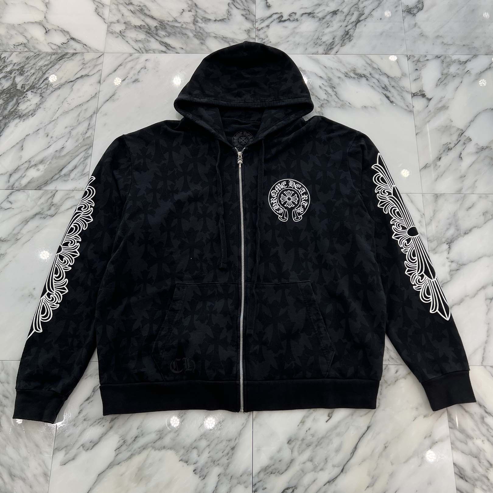 CHROME HEARTS 2024SS Graveyard Cemetery Cross Zip Up Hoodie Size L クロムハーツ グレイブヤード セメタリークロス ジップアップ フーディ 総柄 サイズL