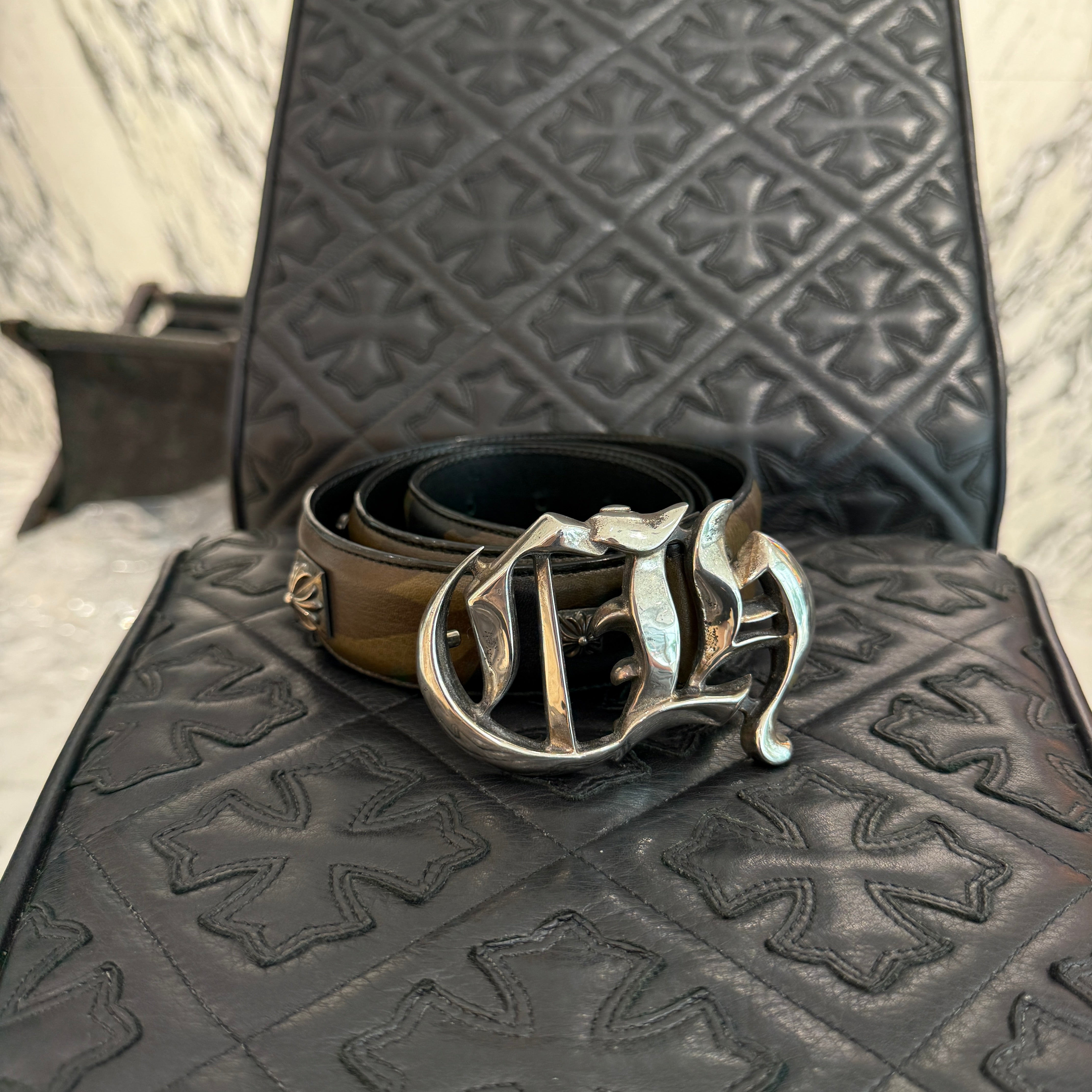 CHROME HEARTS PYRAMID PLS Camouflage Leather CH Buckle Belt Size 32 クロムハーツ ピラミッドプラス カモフラージュ レザー CHバックル ベルト サイズ32