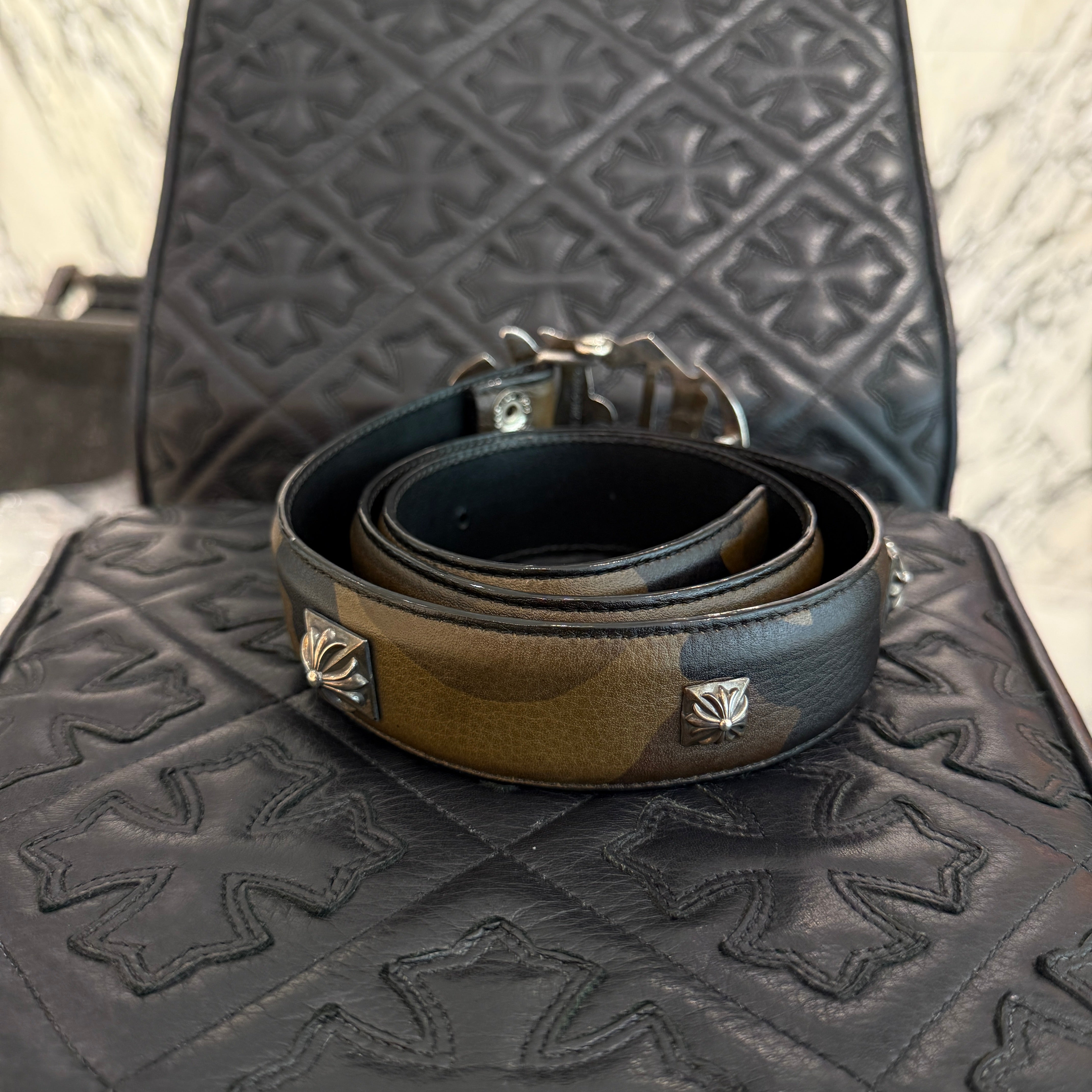 CHROME HEARTS PYRAMID PLS Camouflage Leather CH Buckle Belt Size 32 クロムハーツ ピラミッドプラス カモフラージュ レザー CHバックル ベルト サイズ32