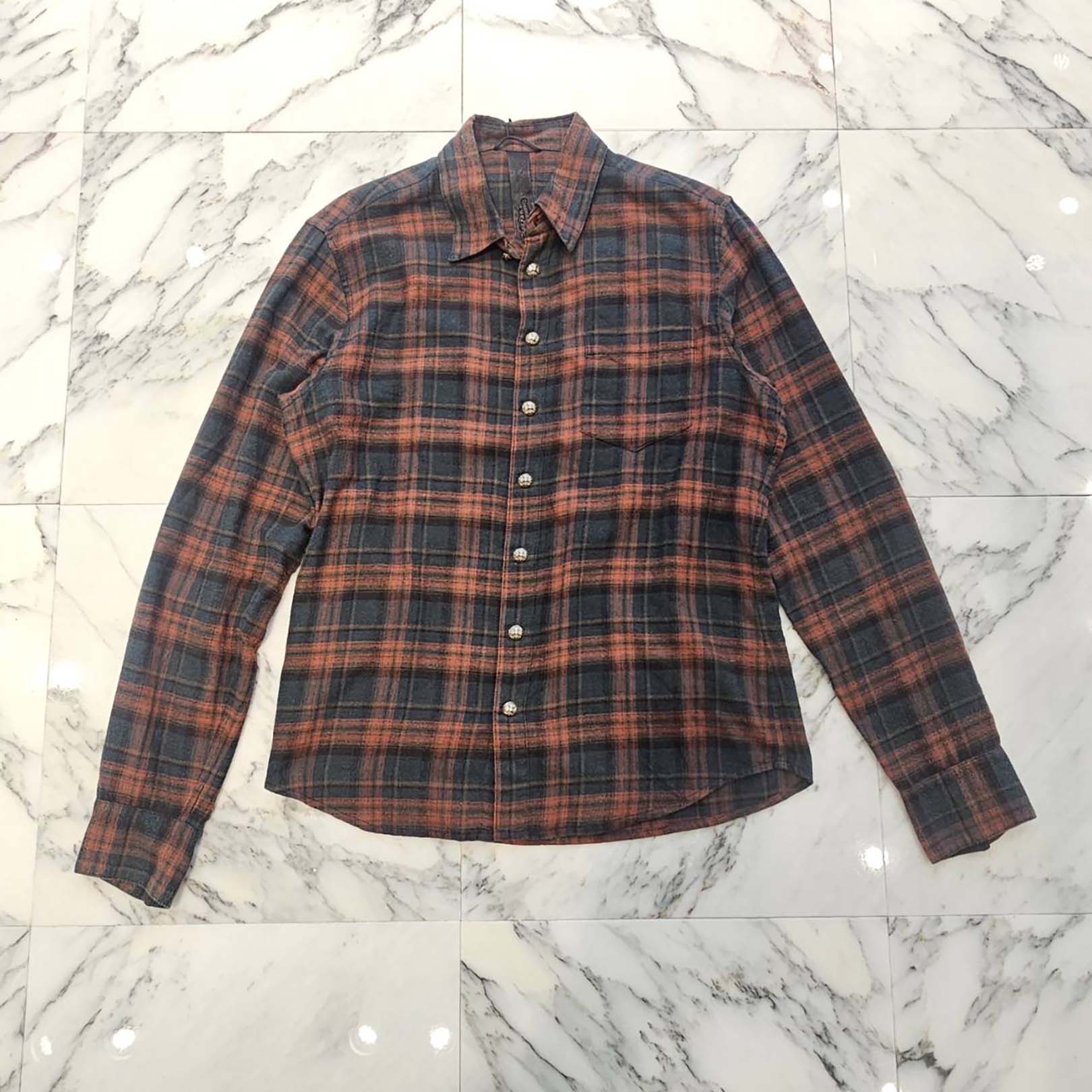 CHROME HEARTS Y NOT Elbow Floral Leather Patch Cross Ball Button Check Shirt Size M クロムハーツ ワイノット エルボーフローラルレザーパッチクロスボールボタンチェックシャツ サイズM