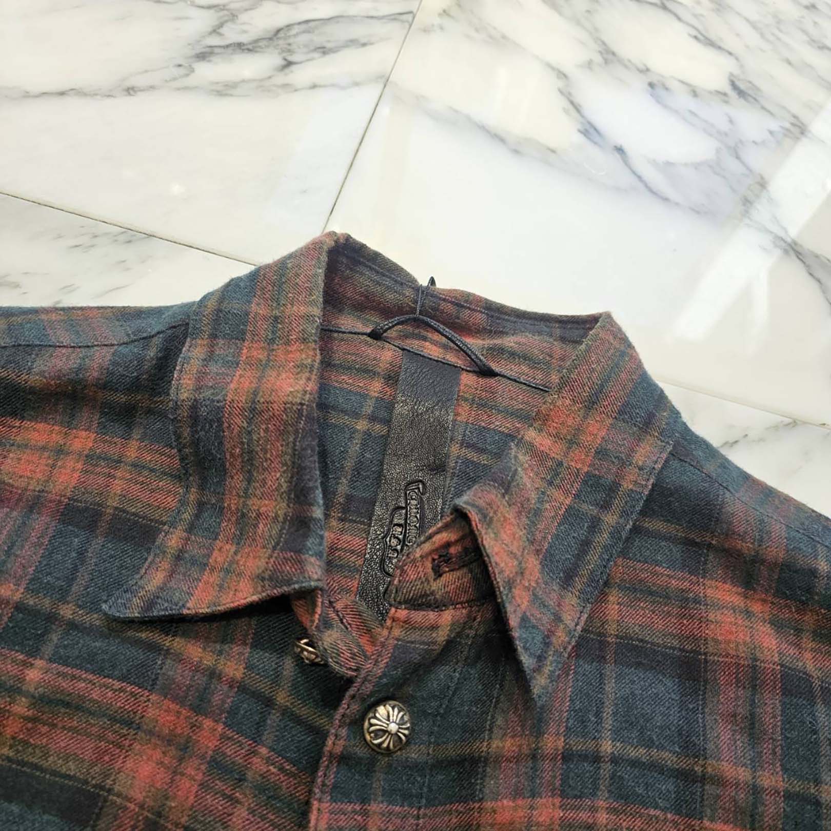 CHROME HEARTS Y NOT Elbow Floral Leather Patch Cross Ball Button Check Shirt Size M クロムハーツ ワイノット エルボーフローラルレザーパッチクロスボールボタンチェックシャツ サイズM