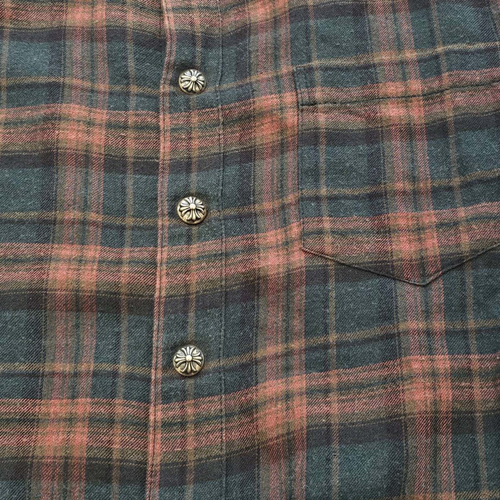 CHROME HEARTS Y NOT Elbow Floral Leather Patch Cross Ball Button Check Shirt Size M クロムハーツ ワイノット エルボーフローラルレザーパッチクロスボールボタンチェックシャツ サイズM