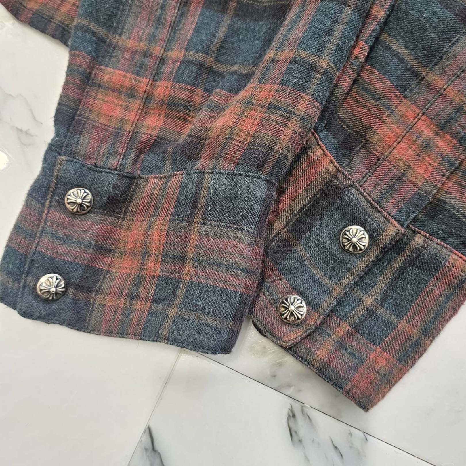 CHROME HEARTS Y NOT Elbow Floral Leather Patch Cross Ball Button Check Shirt Size M クロムハーツ ワイノット エルボーフローラルレザーパッチクロスボールボタンチェックシャツ サイズM