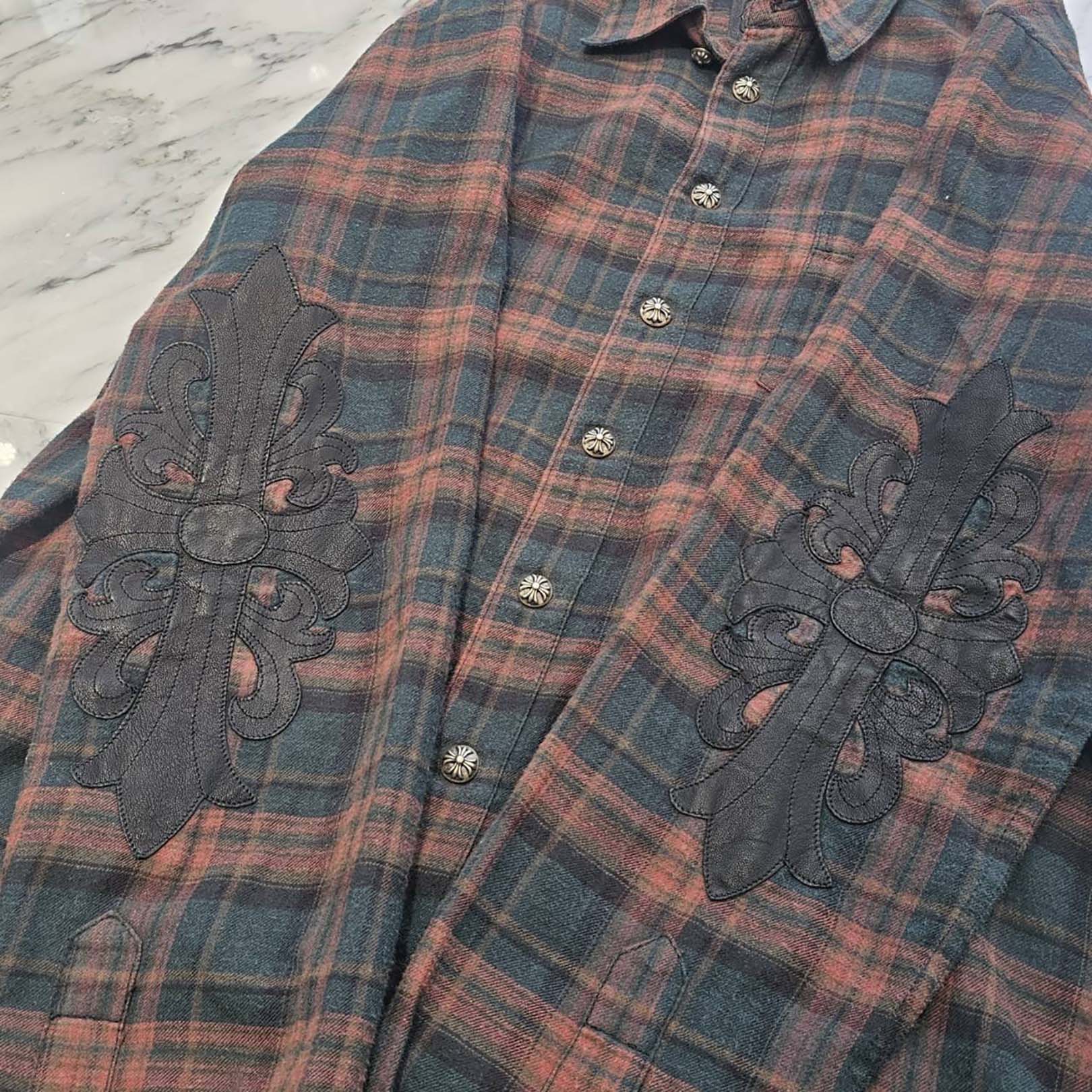 CHROME HEARTS Y NOT Elbow Floral Leather Patch Cross Ball Button Check Shirt Size M クロムハーツ ワイノット エルボーフローラルレザーパッチクロスボールボタンチェックシャツ サイズM