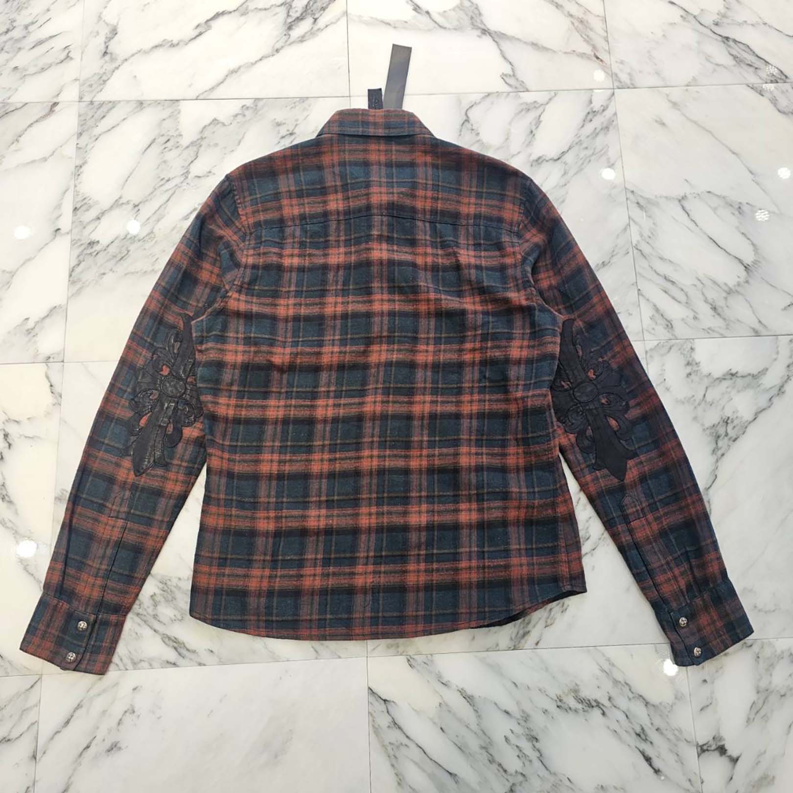 CHROME HEARTS Y NOT Elbow Floral Leather Patch Cross Ball Button Check Shirt Size M クロムハーツ ワイノット エルボーフローラルレザーパッチクロスボールボタンチェックシャツ サイズM