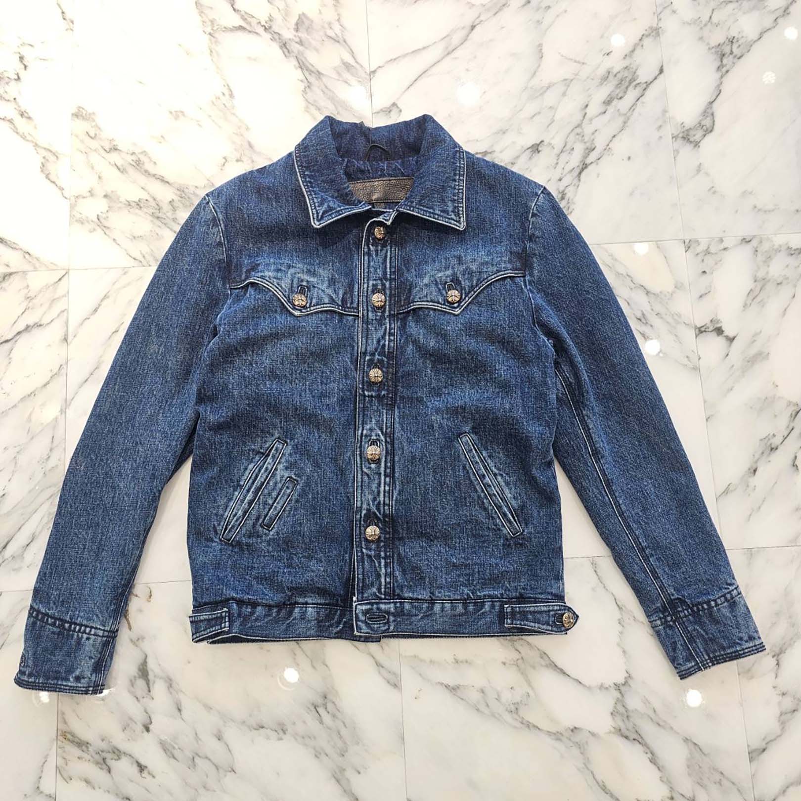 CHROME HEARTS Floral Cross Leather Patch Flare Knee Sleeve Denim Jacket Size XS クロムハーツ フローラルクロス レザーパッチ フレアニー スリーブ デニムジャケット サイズXS