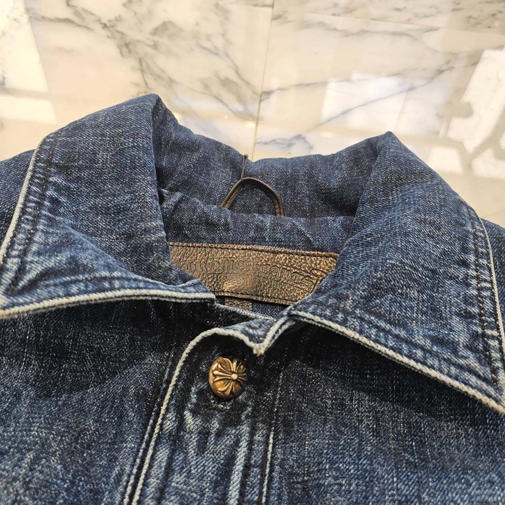 CHROME HEARTS Floral Cross Leather Patch Flare Knee Sleeve Denim Jacket Size XS クロムハーツ フローラルクロス レザーパッチ フレアニー スリーブ デニムジャケット サイズXS