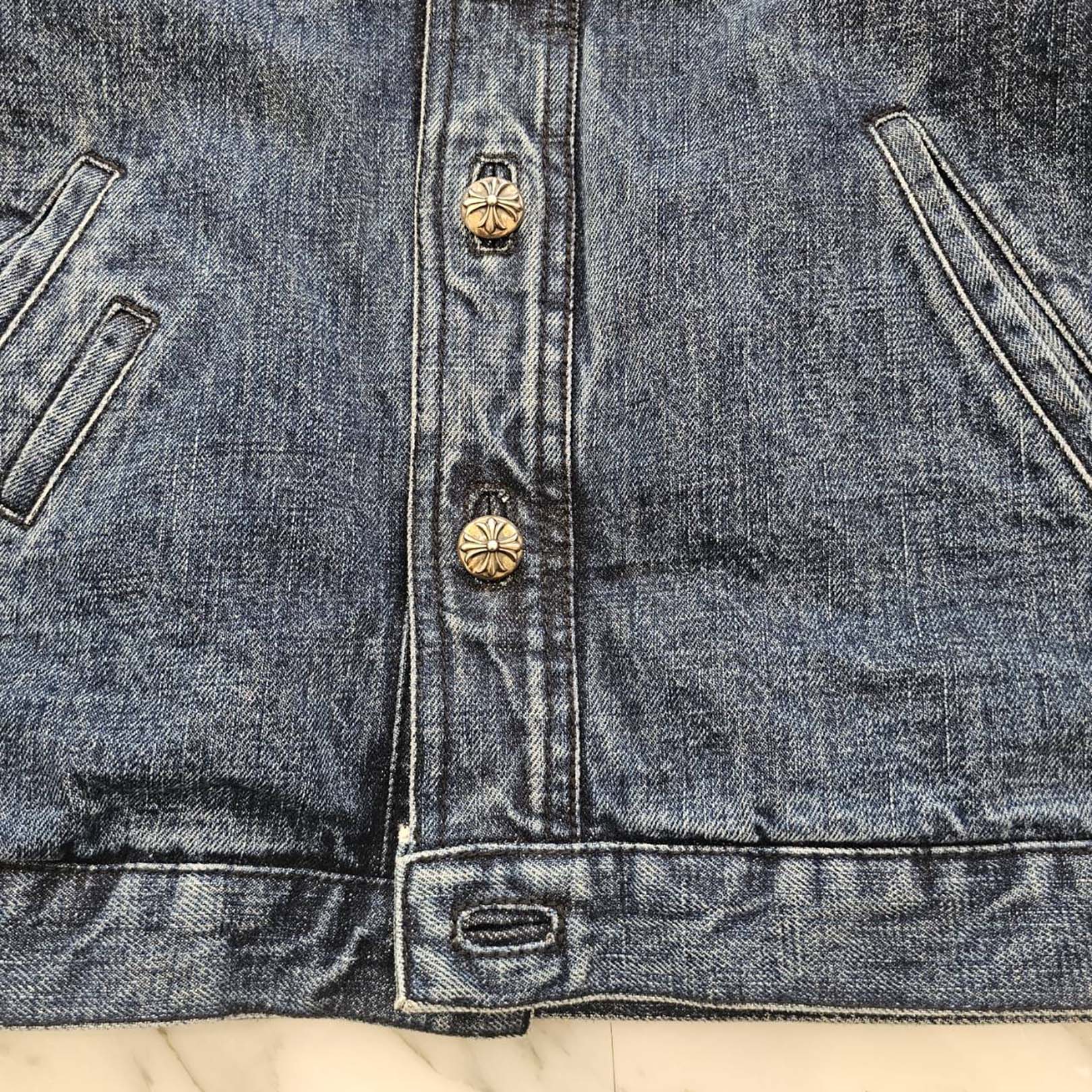 CHROME HEARTS Floral Cross Leather Patch Flare Knee Sleeve Denim Jacket Size XS クロムハーツ フローラルクロス レザーパッチ フレアニー スリーブ デニムジャケット サイズXS