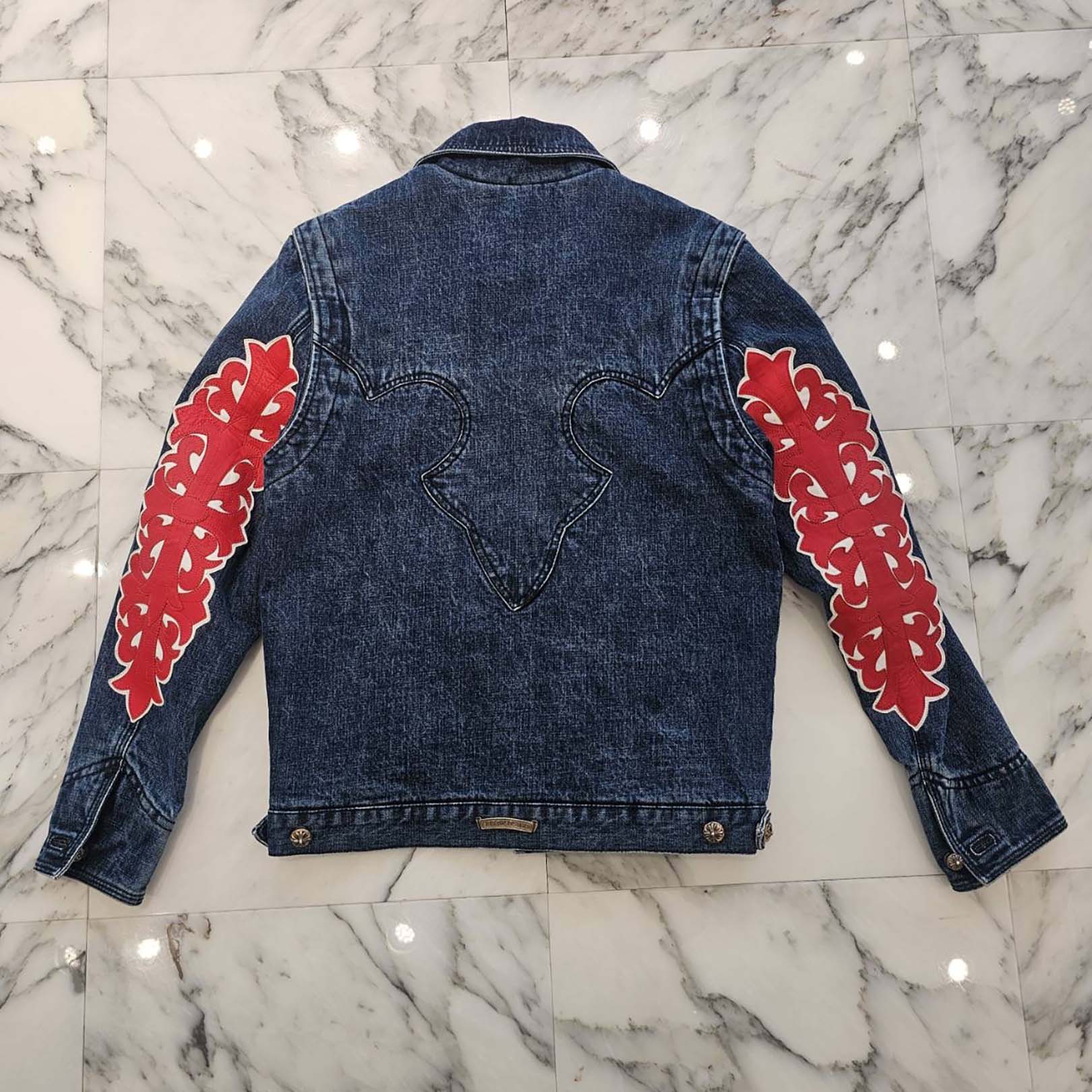 CHROME HEARTS Floral Cross Leather Patch Flare Knee Sleeve Denim Jacket Size XS クロムハーツ フローラルクロス レザーパッチ フレアニー スリーブ デニムジャケット サイズXS