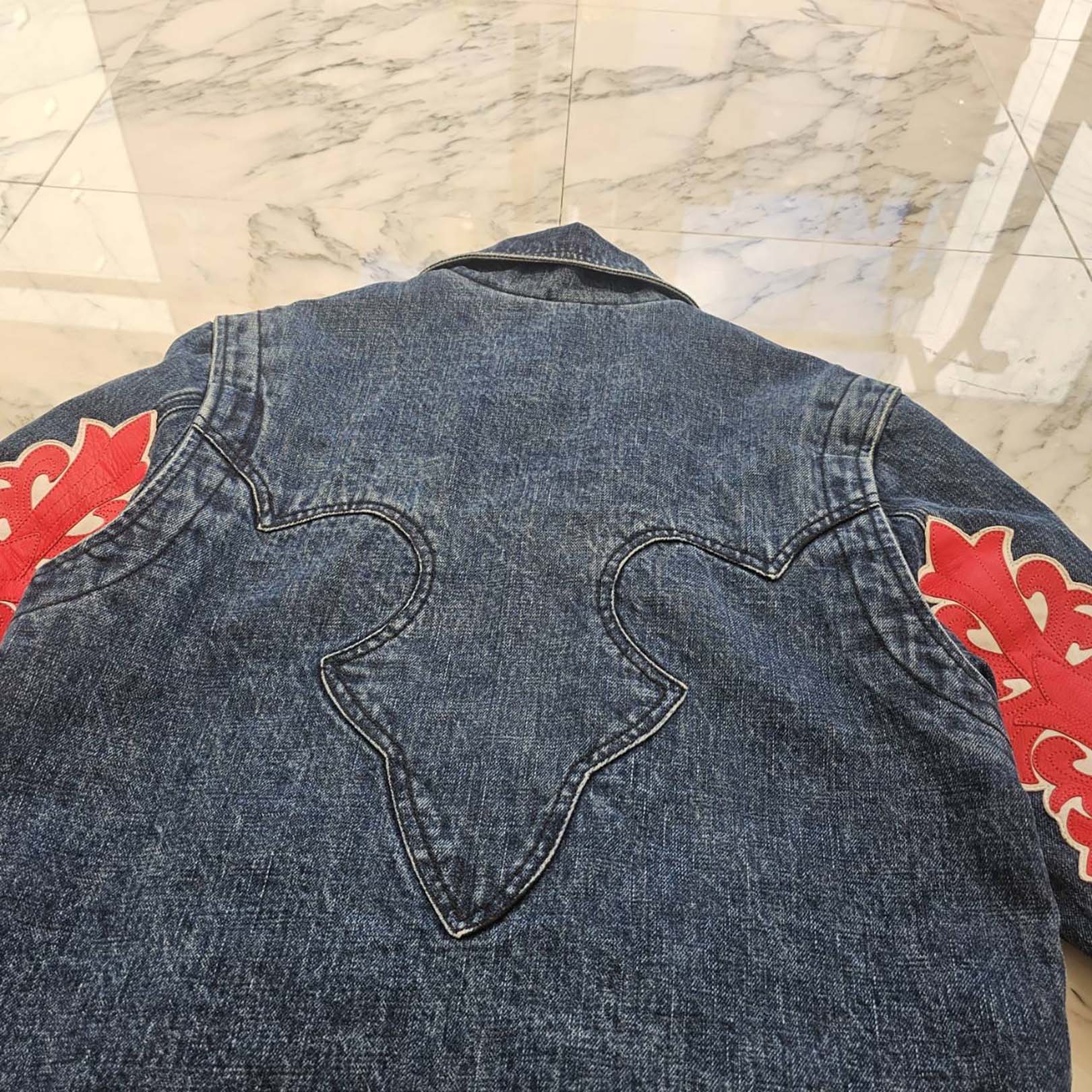 CHROME HEARTS Floral Cross Leather Patch Flare Knee Sleeve Denim Jacket Size XS クロムハーツ フローラルクロス レザーパッチ フレアニー スリーブ デニムジャケット サイズXS