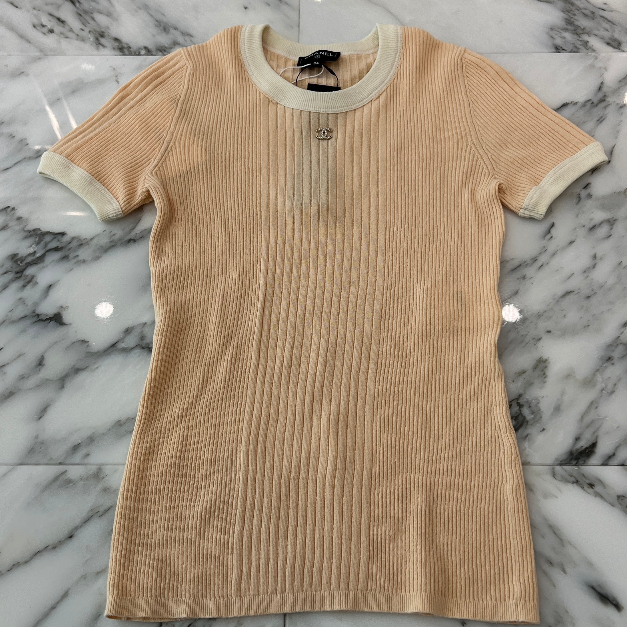 CHANEL 2025SS Coco Beach Collection Cotton Knit Tee P78617 K11469 Size 34 シャネル ココビーチコレクション  コットンニット Tシャツ サイズ34