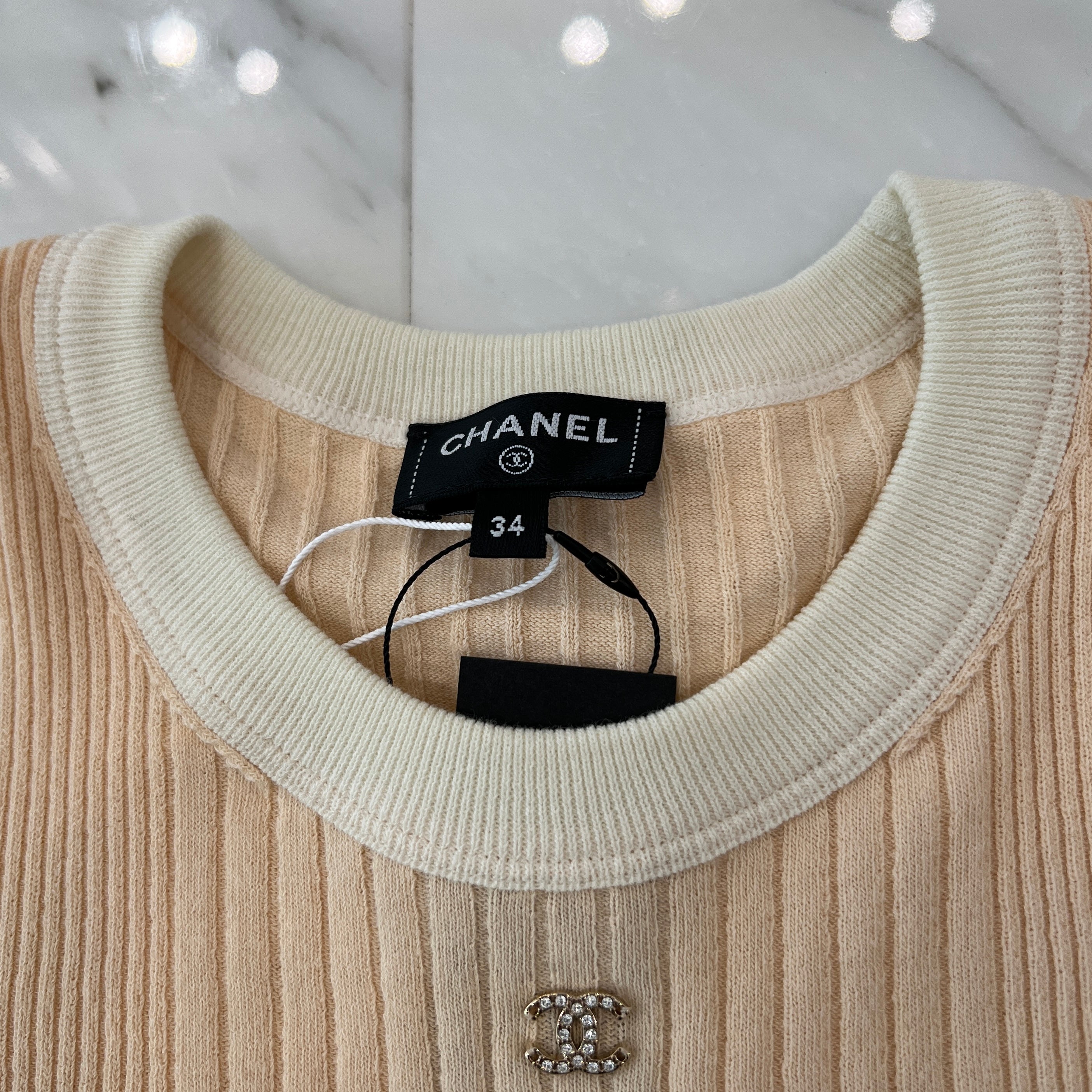 CHANEL 2025SS Coco Beach Collection Cotton Knit Tee P78617 K11469 Size 34 シャネル ココビーチコレクション  コットンニット Tシャツ サイズ34