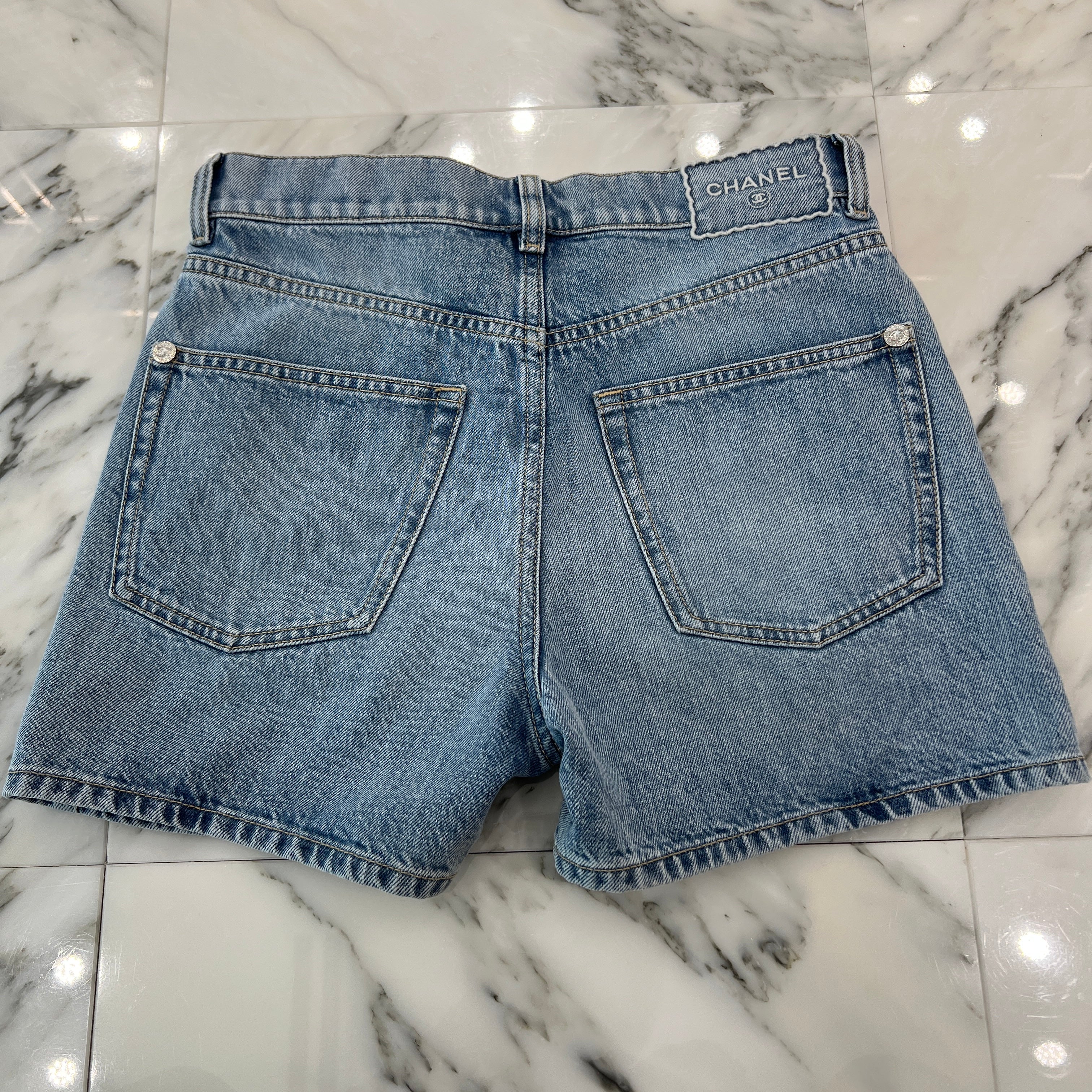 COCO CHANEL デニムショートパンツ Shorts - Embroidered denim, blue — Fashion | CHANEL