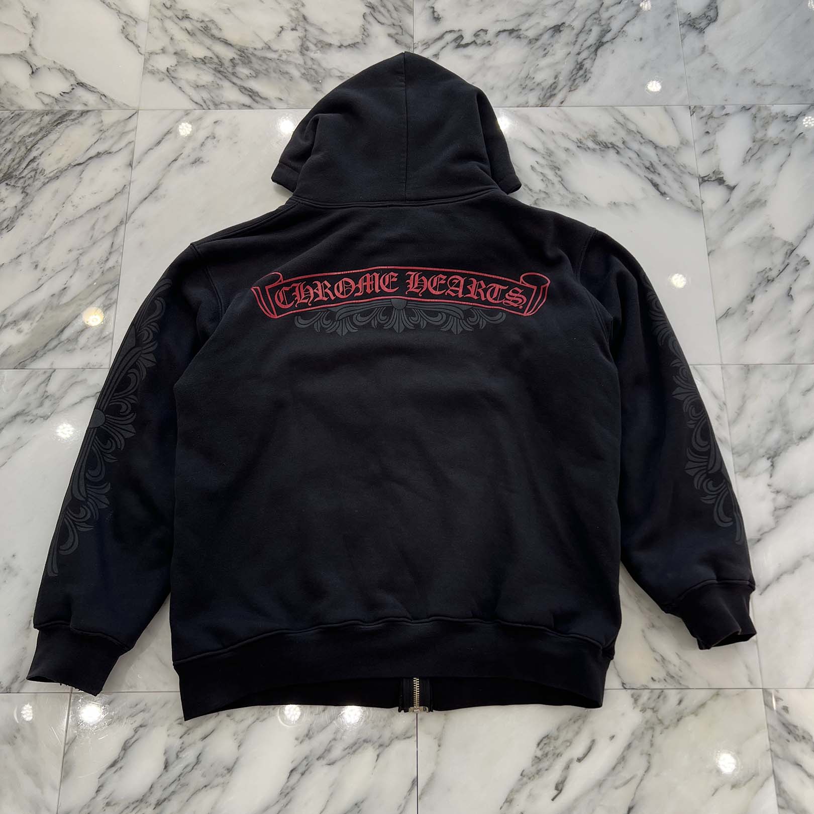 CHROME HEARTS Back Scroll Froral Cross Zip Up Hoodie Size L クロムハーツ バック スクロール フローラルクロス ジップアップ フーディ サイズL