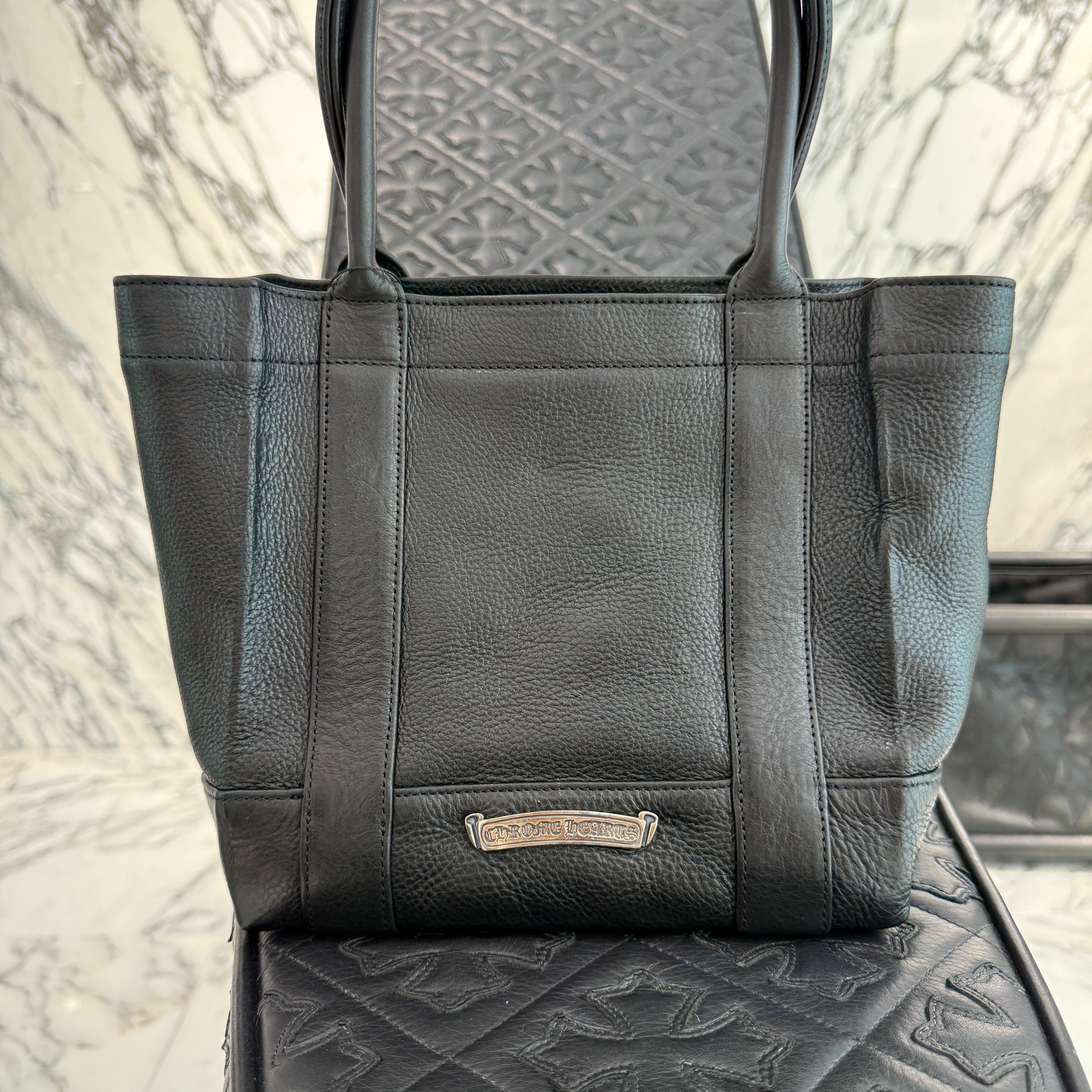 CHROME HEARTS 3 Cemetery Cross Leather Patch Tote Mini Bag クロム