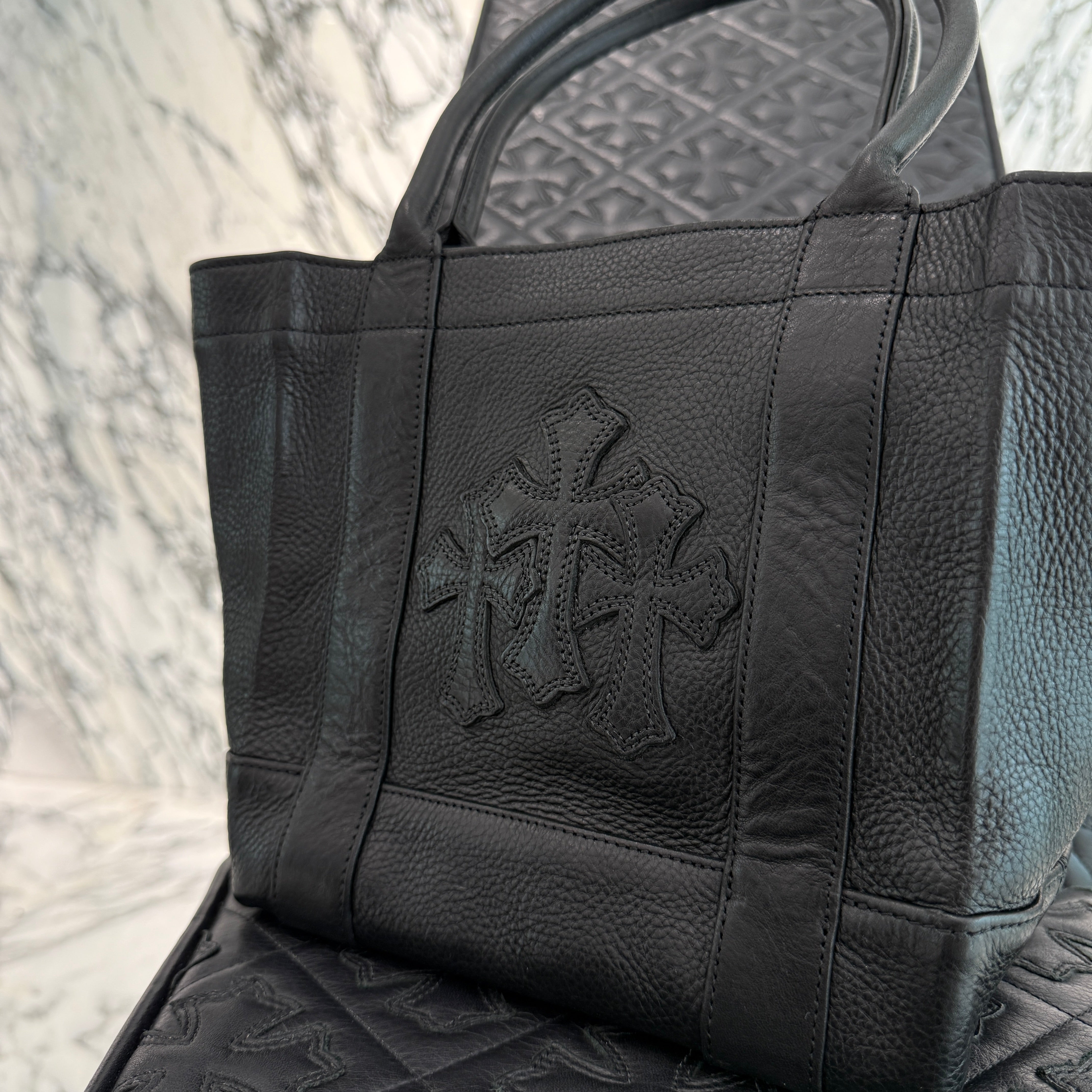 CHROME HEARTS 3 Cemetery Cross Leather Patch Tote Mini Bag クロム