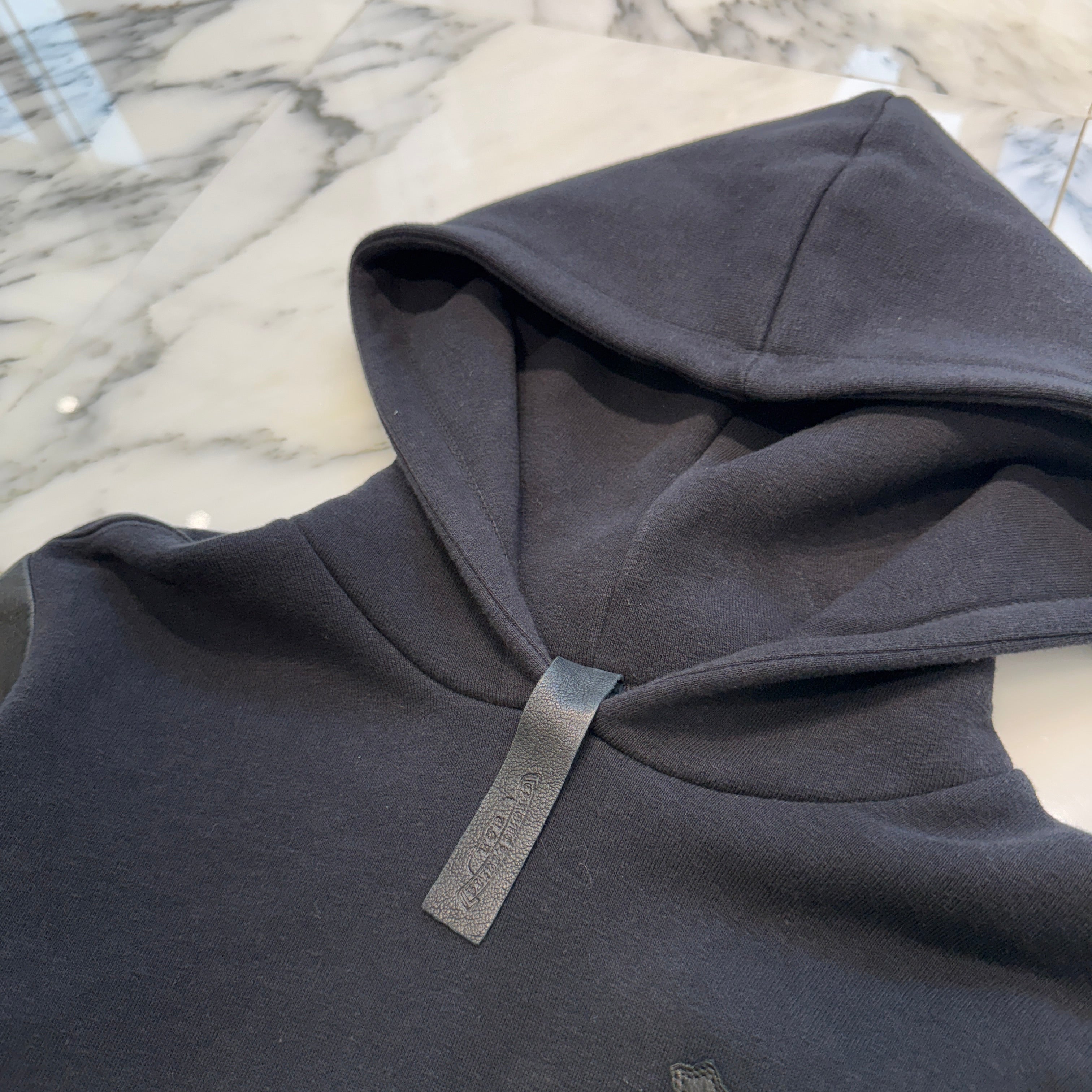 CHROME HEARTS Y NOT Leather Cross Patch Arm Leather Switching Pullover Hoodie Size S クロムハーツ ワイノット レザークロスパッチ アームレザー切替 プルオーバーフーディー サイズS