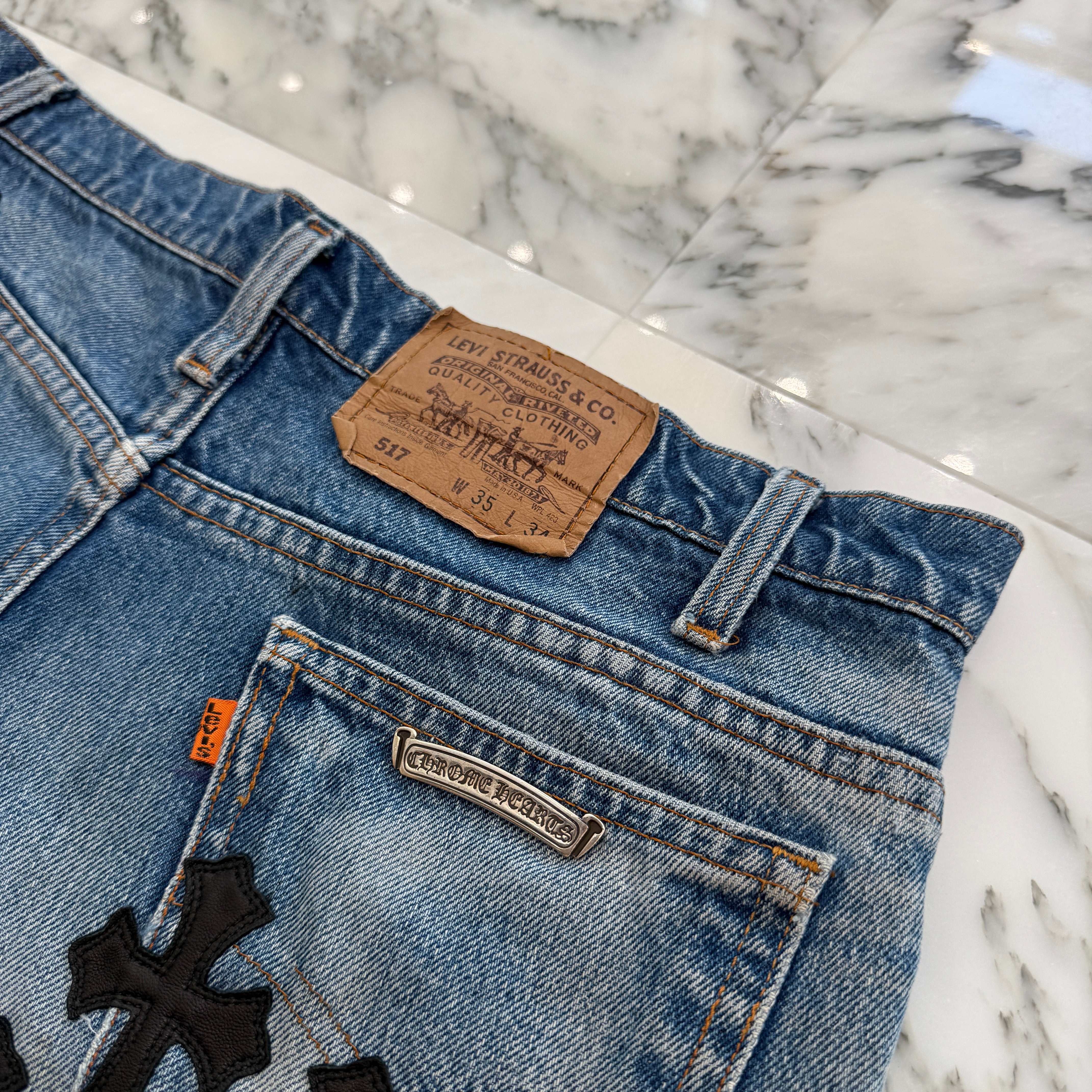 CHROME HEARTS × Levi's 517 VNTG Cross Leather Patch Denim Skirt