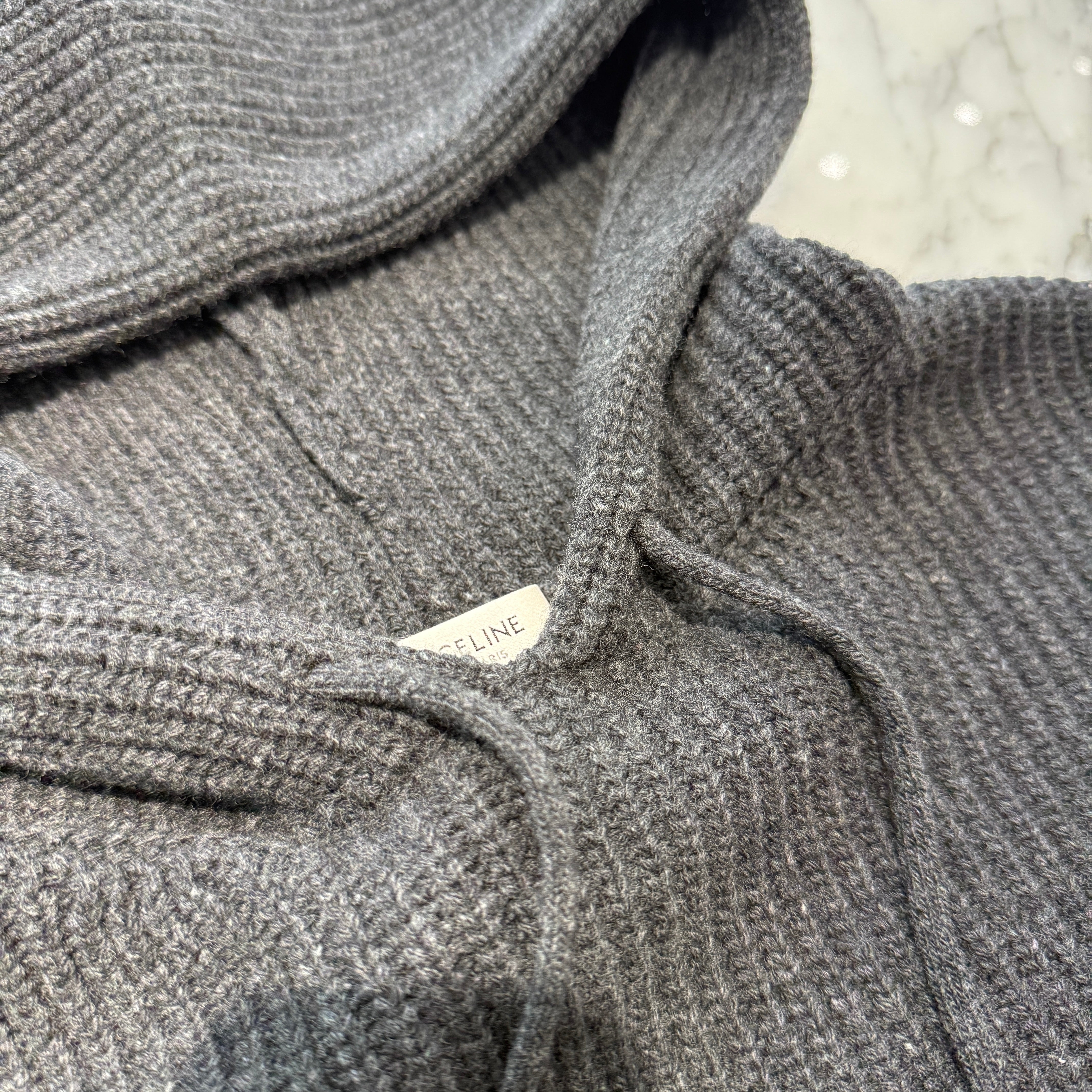 CELINE 2024AW Ribbed Wool Logo Patch Pullover Hoodie 2A85W423P.10AN Size S セリーヌ リブ編みウール ロゴパッチ プルオーバーパーカー サイズS