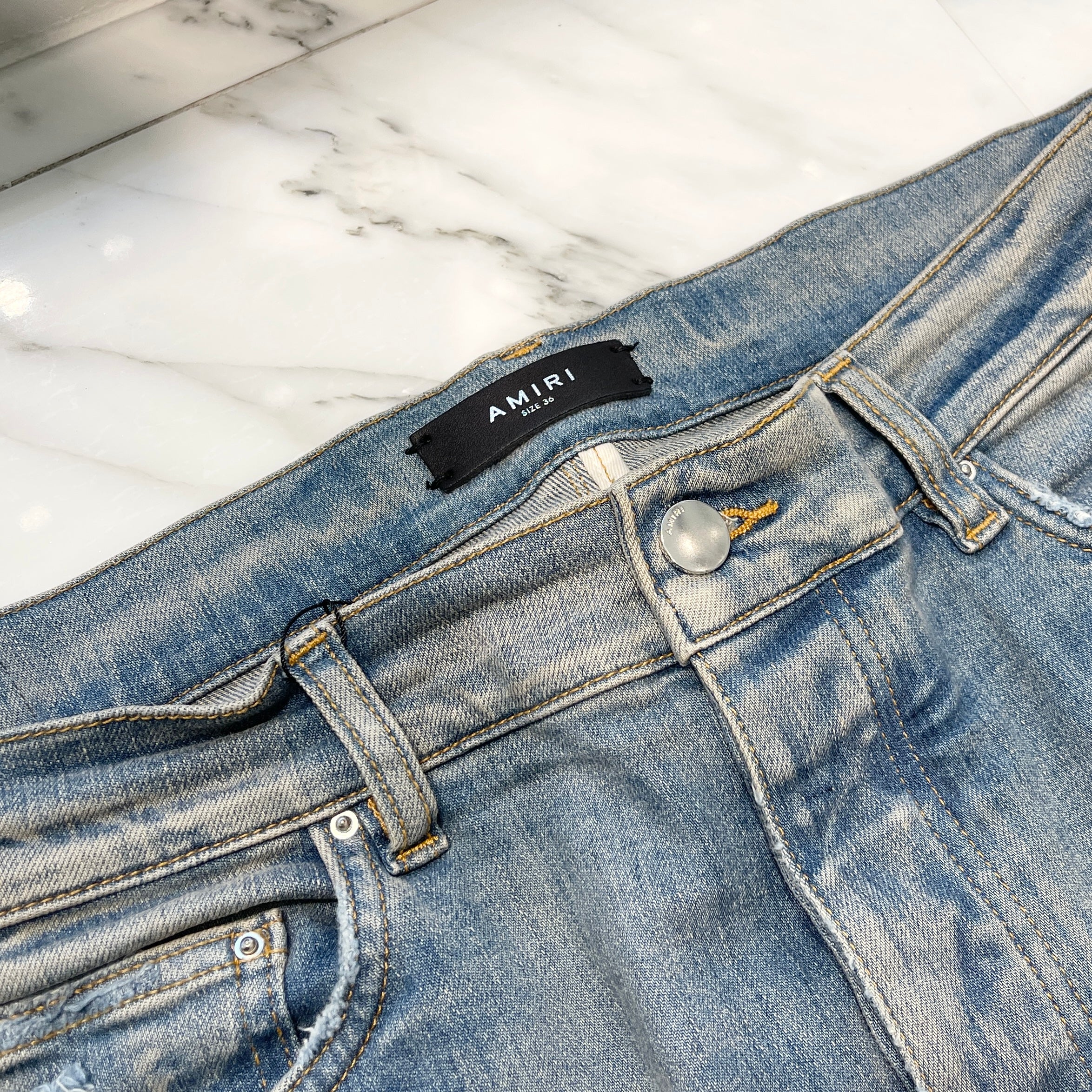 AMIRI 2023AW Quilt Logo Patch Damage Skinny Denim Pants RN150712 Size 36 アミリ キルト風ロゴパッチ ダメージ加工 スキニーデニムパンツ サイズ36