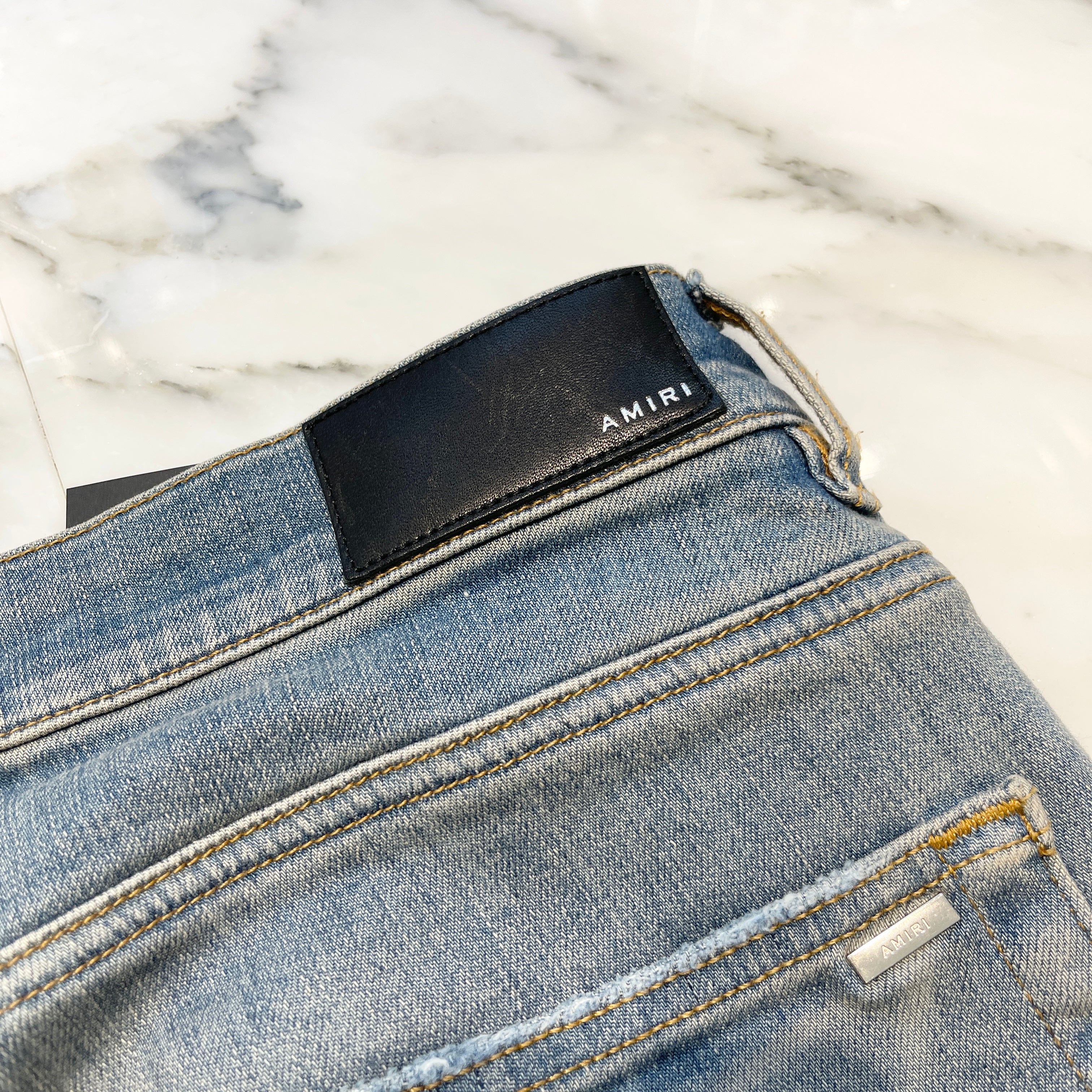 AMIRI 2023AW Quilt Logo Patch Damage Skinny Denim Pants RN150712 Size 36 アミリ キルト風ロゴパッチ ダメージ加工 スキニーデニムパンツ サイズ36